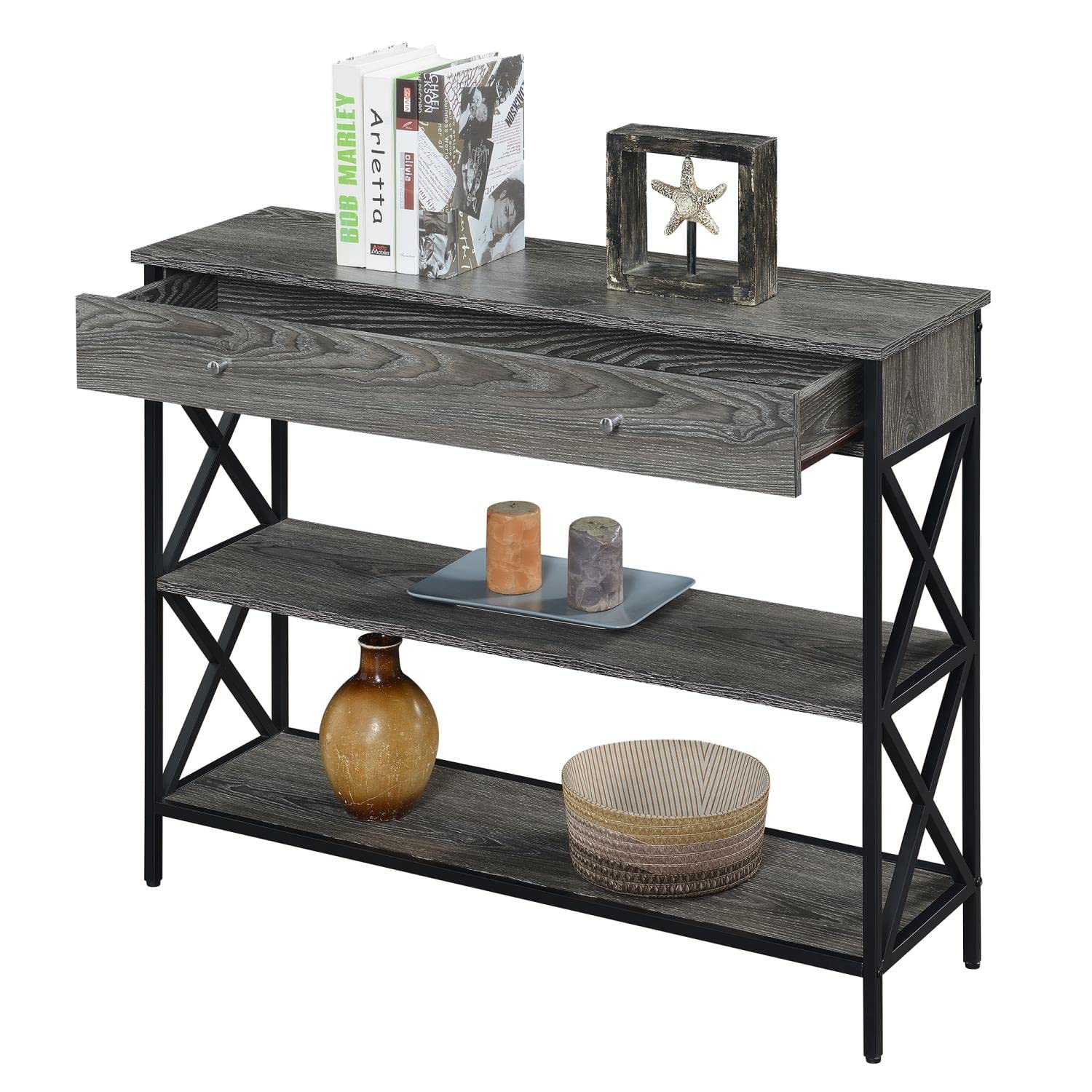 Convenience Concepts Tucson 1-Drawer Console Table with Shelves - Weathered Gray/Black Entryway Table for Hallway, Living Room & Bedroom Organization