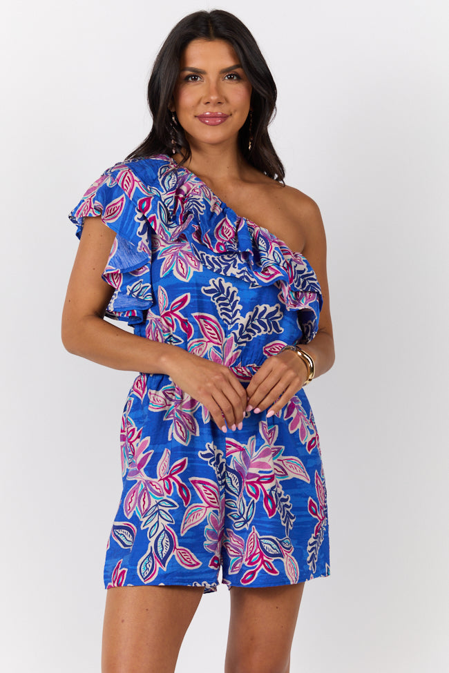 Stylish Blue Multi One Shoulder Ruffle Romper for Women - Summer Beach Party & Date Night Outfit - Trendy Jumpsuit for Casual Wear
