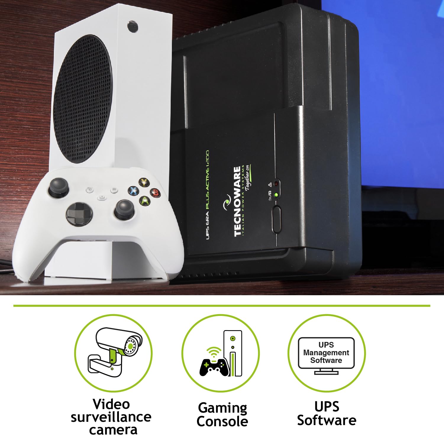 Tecnoware Power Systems - UPS ERA PLUS ACTIVE 1200VA, 1200VA Uninterruptible Power Supply with Active PFC for PC, Mac, Gaming Console, AVR Protection | USB Port | Silent Operation | Black Design | Ideal for Home Office, Gaming Setup & Electronics Protection
