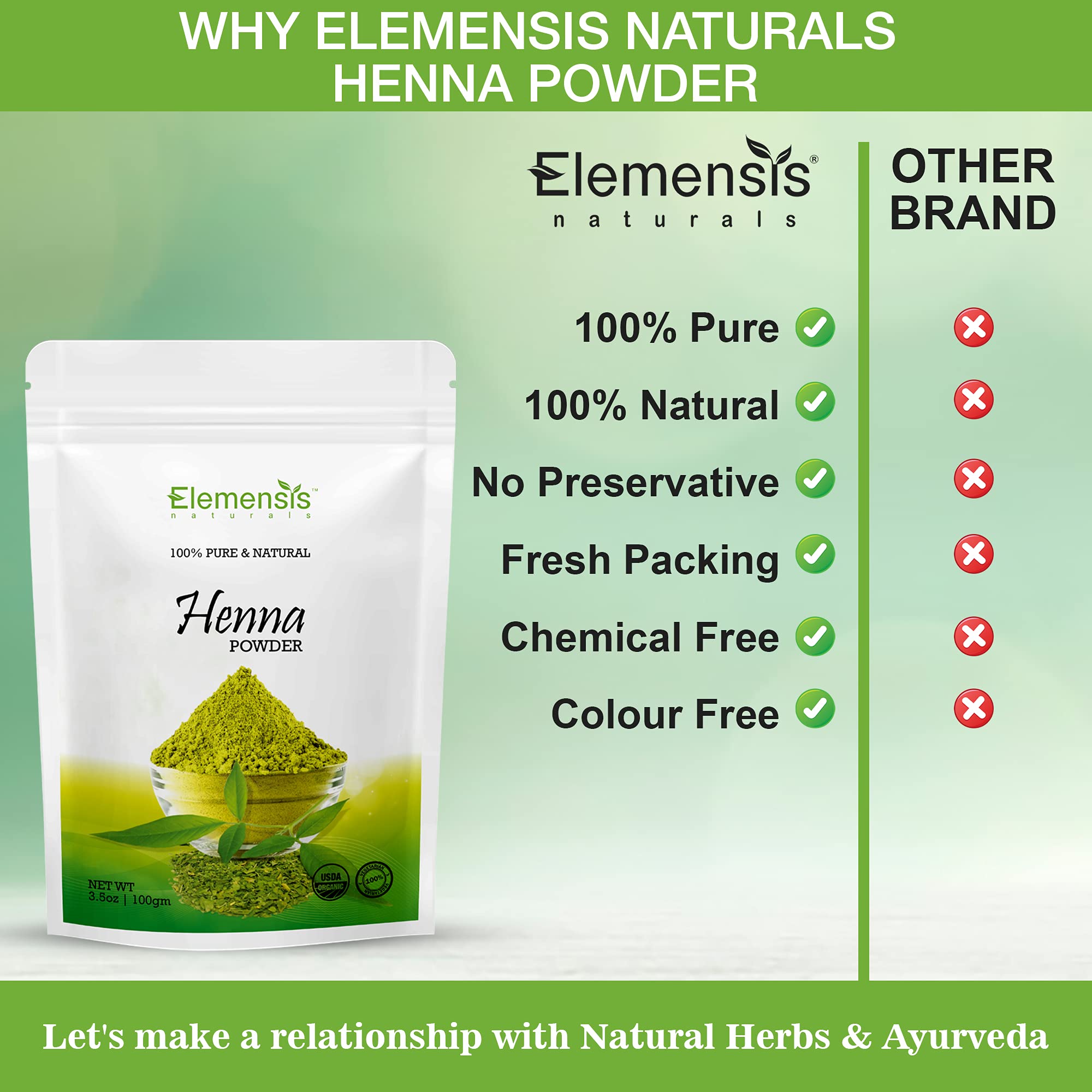 Elemensis Naturals Pure & Natural Henna Powder for Healthy Strong Hair - Hair Fall Control & Damage Repair (100g) | DIY Hair Treatment for Shine & Growth | Perfect for Natural Hair Care & Ayurvedic Remedies