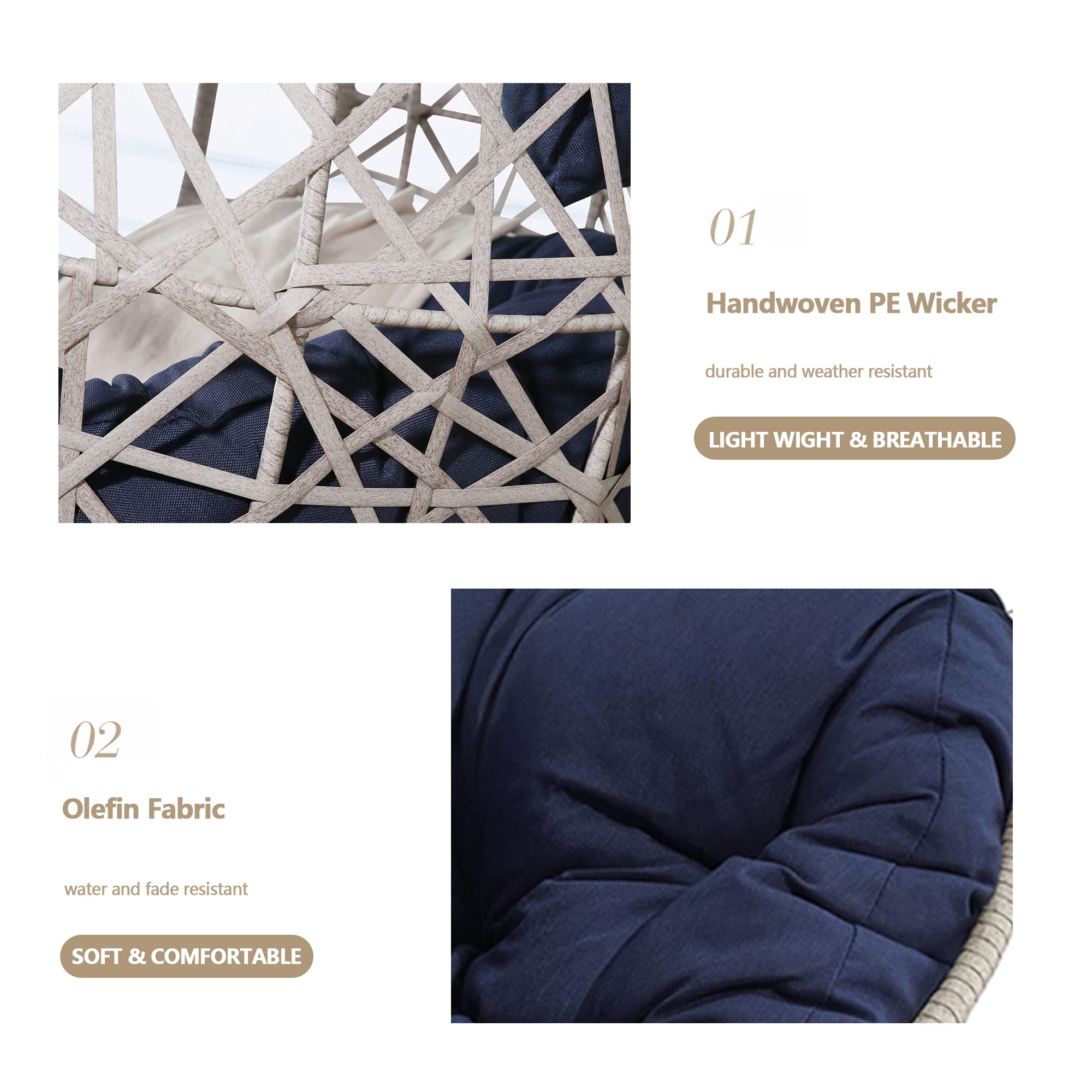 Ulax Egg Hanging Swing Chair with Stand - Outdoor Patio Wicker Hammock Chair with Cushion - Navy Blue Hanging Lounge Chair for Garden, Balcony & Backyard Relaxation
