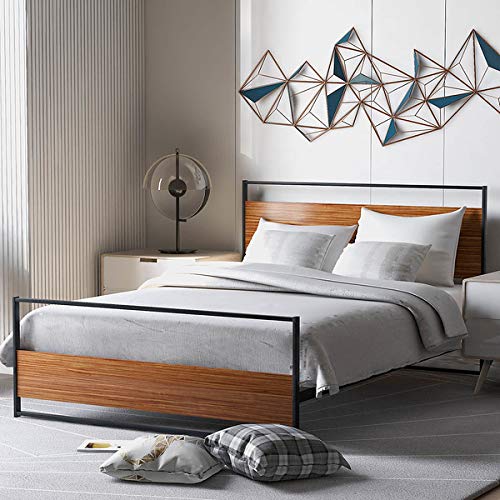 Solid Wood & Metal Platform Bed Frame with Headboard & Footboard - Full Size Mattress Foundation, Sturdy Metal Slat Support, No Box Spring Needed - Easy Assembly for Bedroom, Guest Room, Dorm