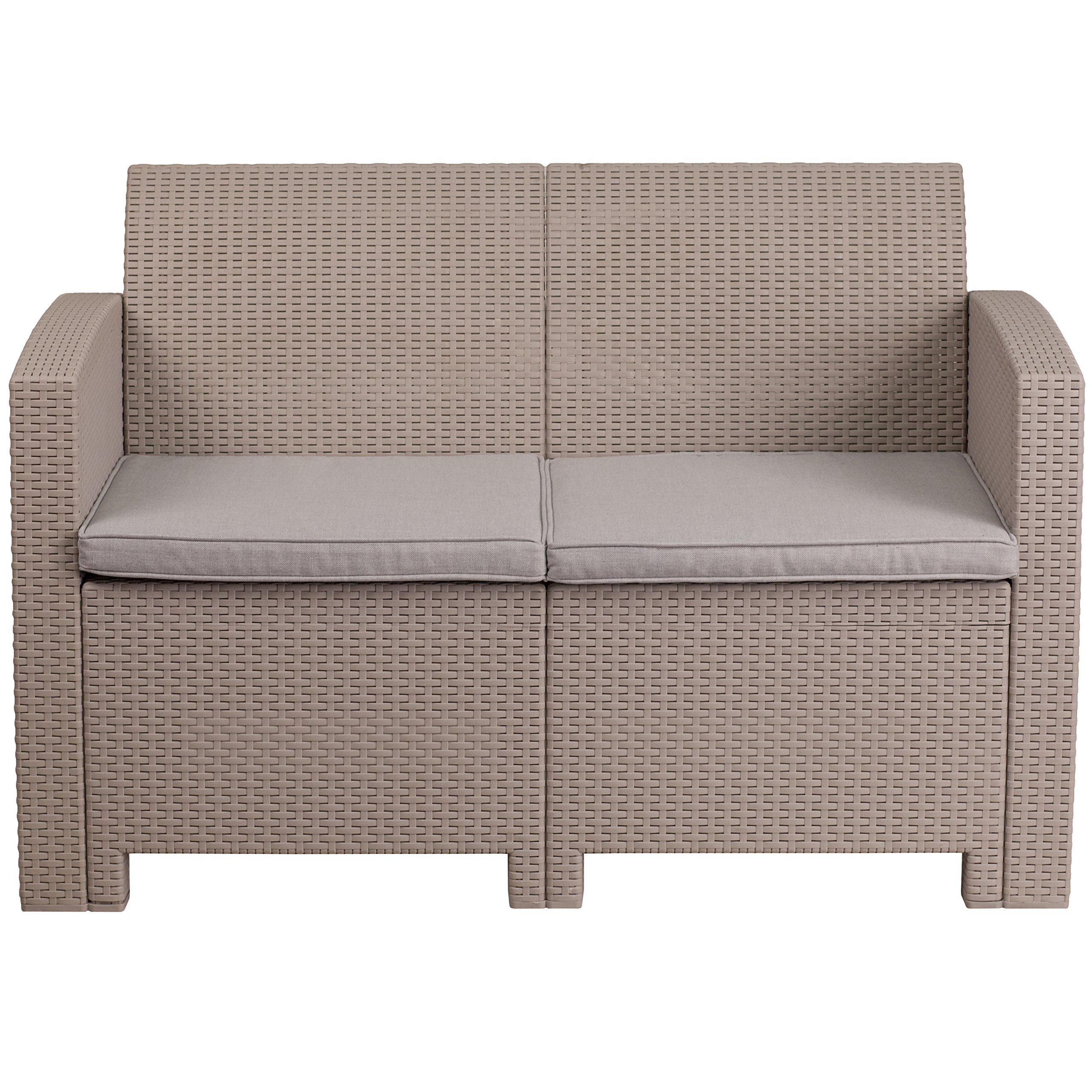 EMMA + OLIVER Light Gray Faux Rattan Loveseat with Cushions - Outdoor Patio Furniture for Garden, Porch & Balcony