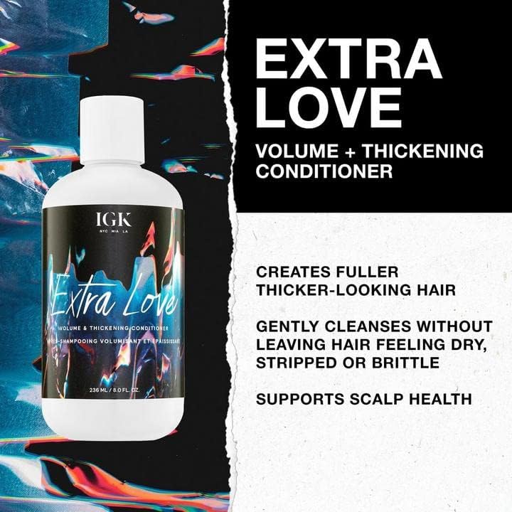 IGK EXTRA LOVE Volumizing Shampoo & Conditioner Set - Lightweight Hair Thickening Treatment for Fine Hair, Scalp Balance & Oil Control - Vegan, Cruelty-Free 8oz Duo - Perfect for Daily Volume Boost & Healthy Hair Care Routine