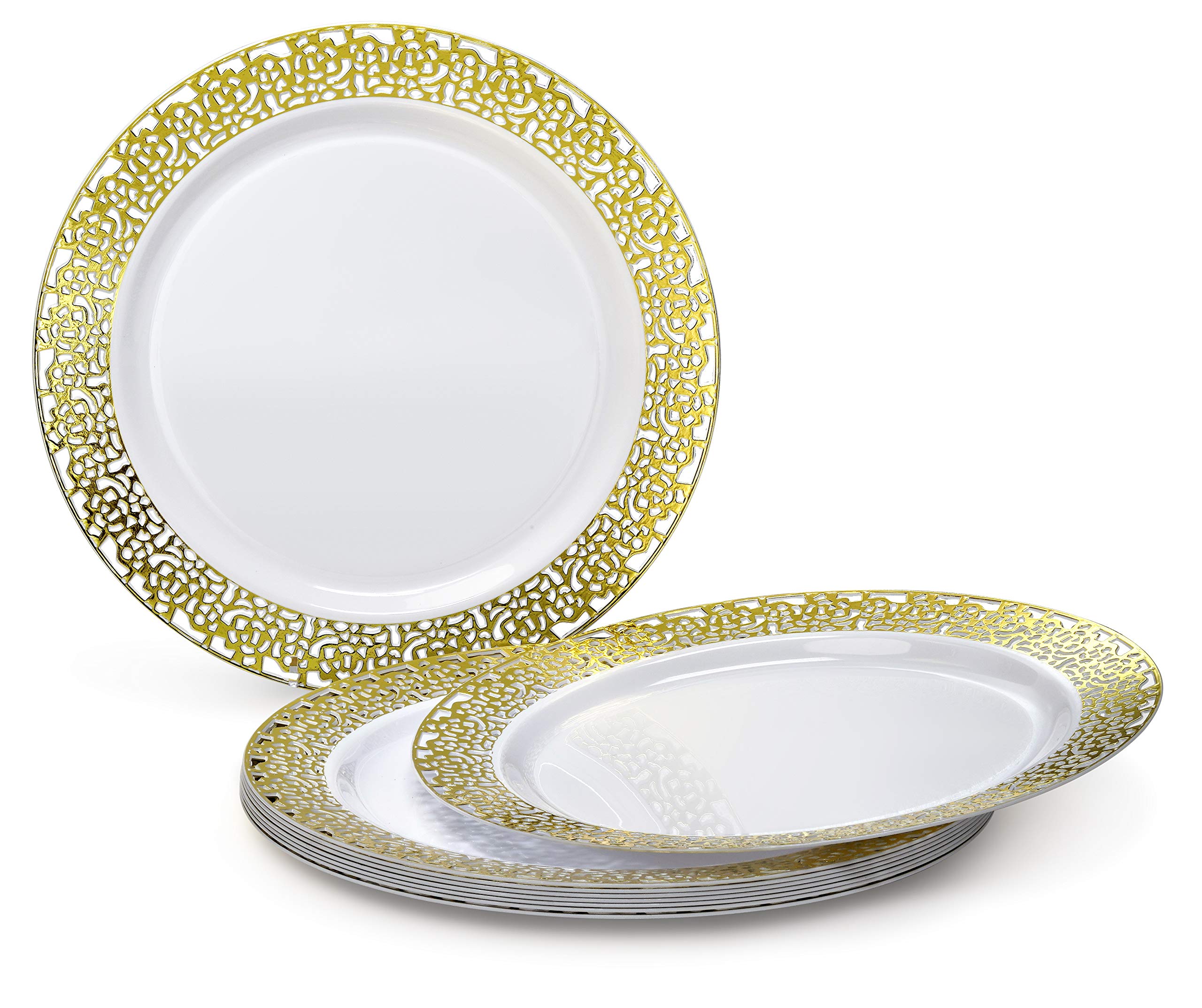 640-Piece Wedding Party Disposable Plastic Plate Set - 80 x 10.25'' Dinner Plates, 80 x 7.5'' Dessert Plates, Silverware, Cups & Napkins (Florence White & Gold) - Perfect for Weddings, Bridal Showers, Anniversaries & Large Gatherings