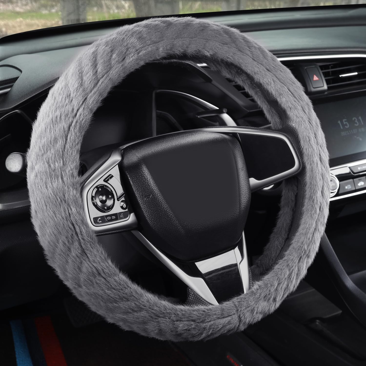 Fluffy Plush Steering Wheel Cover for Women - Soft, Non-Slip & Winter Warm Universal Fit 14-15 Inch (Grey) - Perfect for Cold Weather Driving & Car Interior Decoration