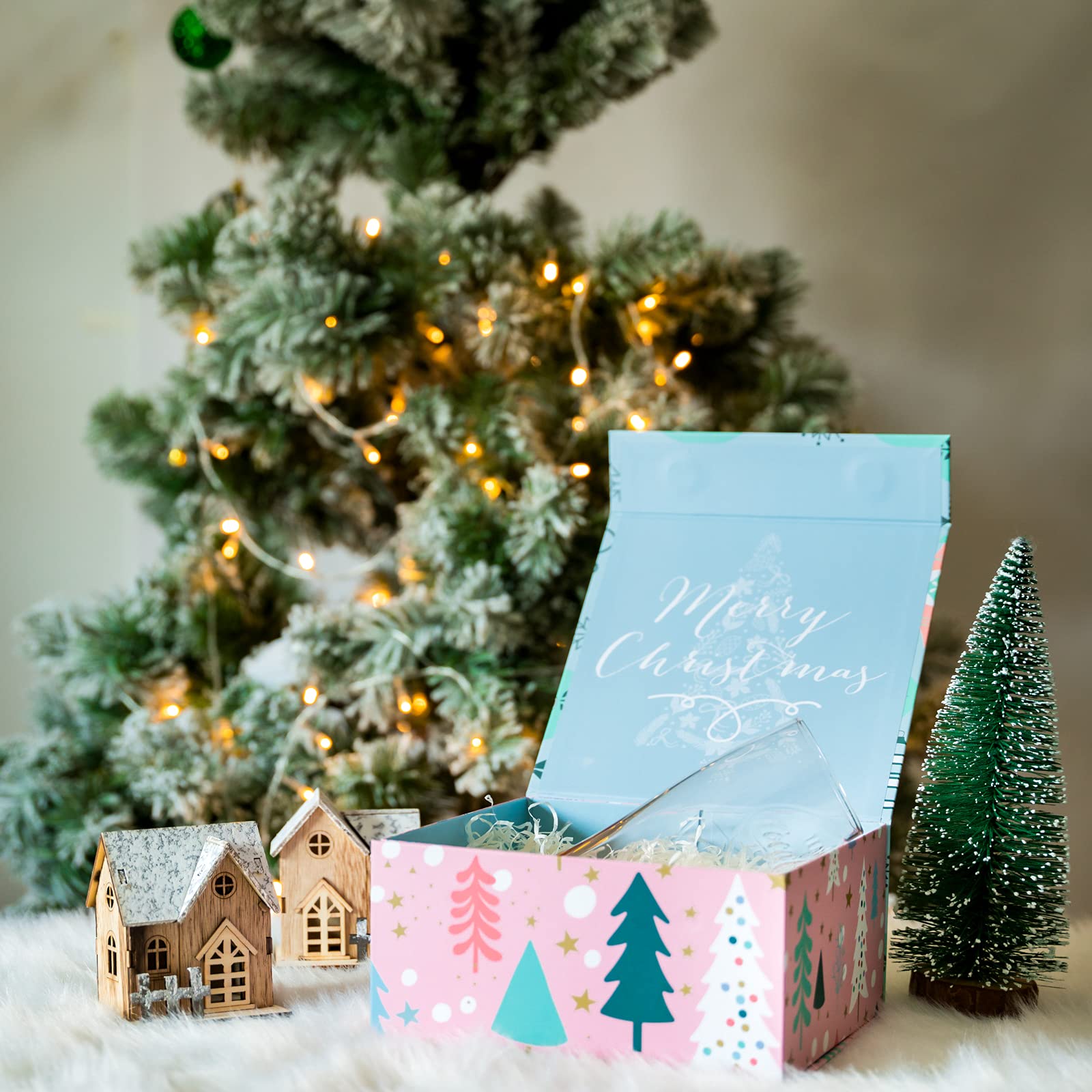 WRAPAHOLIC Christmas Gift Box with Lid - 8x8x4 Inch Pink & Blue Ornament Design Collapsible Box with Magnetic Closure & 2 Tissue Papers | Holiday Present Wrapping, Party Favors, Wedding Decorations