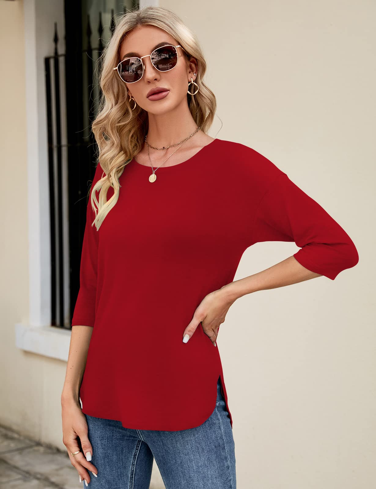 Kancystore Women's 3/4 Sleeve Casual Loose Fit Tunic Tops - Scoop Neck T-Shirt for Everyday Wear | Perfect for Work, Weekend & Layering