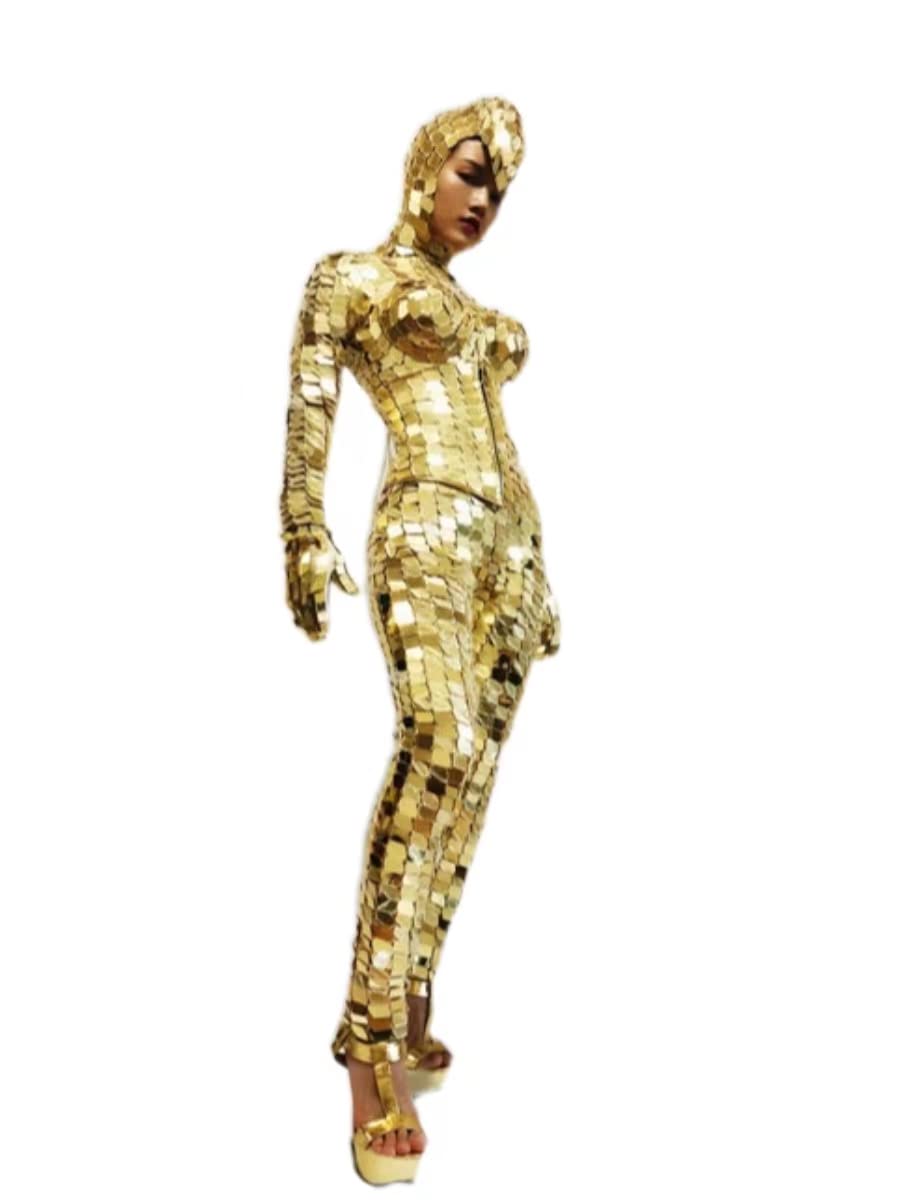 Gracecolorlife Women's Gold Mirror Jumpsuit - Clubwear, Dance Costume & Performance Outfit for Ladies | Perfect for Nightclubs, Parties & Stage Shows
