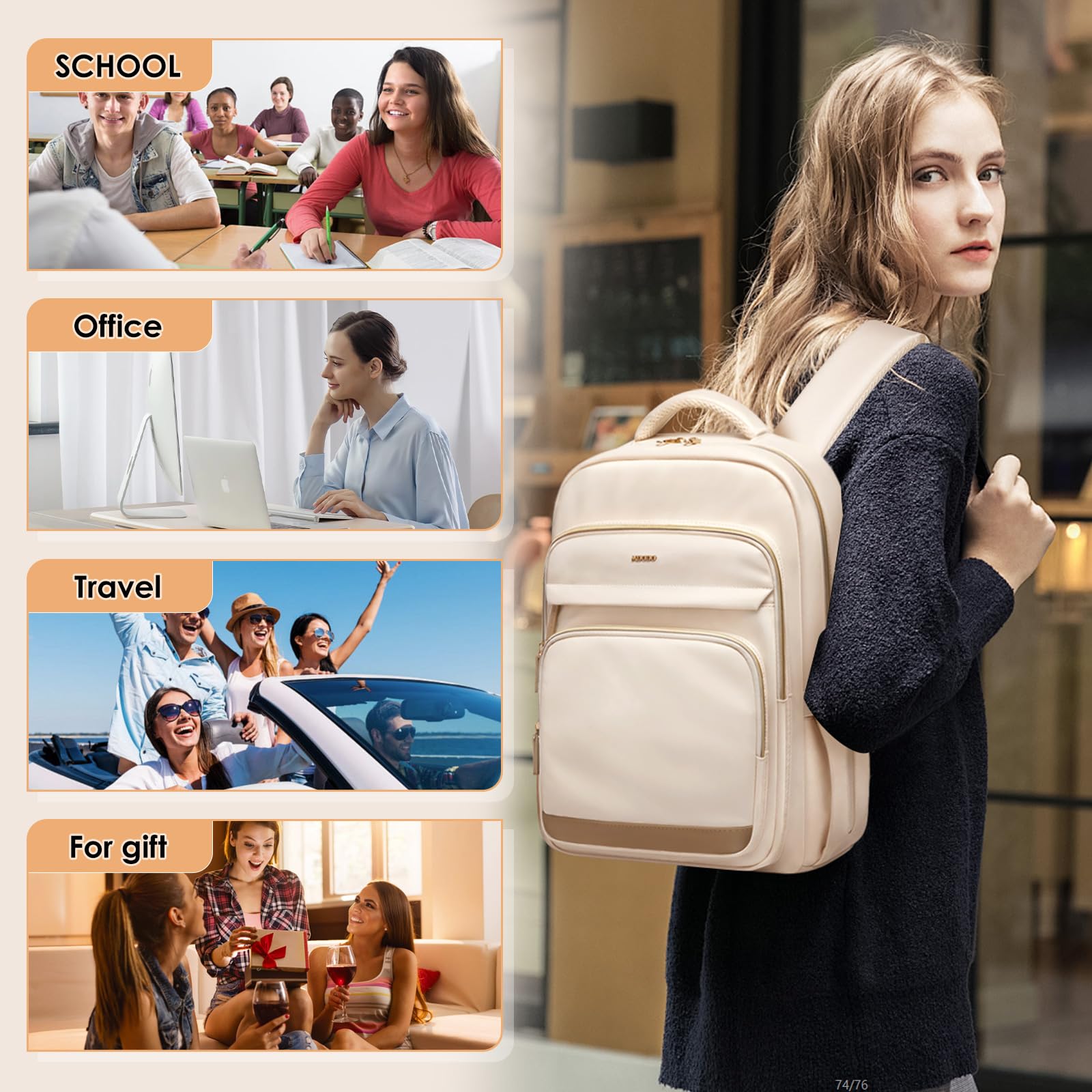 Stylish Women's Laptop Backpack with Dedicated Compartment - Water-Resistant Travel Backpack & College Bookbag for Work, School & Daily Commute - Includes Small Organizer Bag (Beige) | Perfect for Business Trips, Campus Life & Urban Adventures