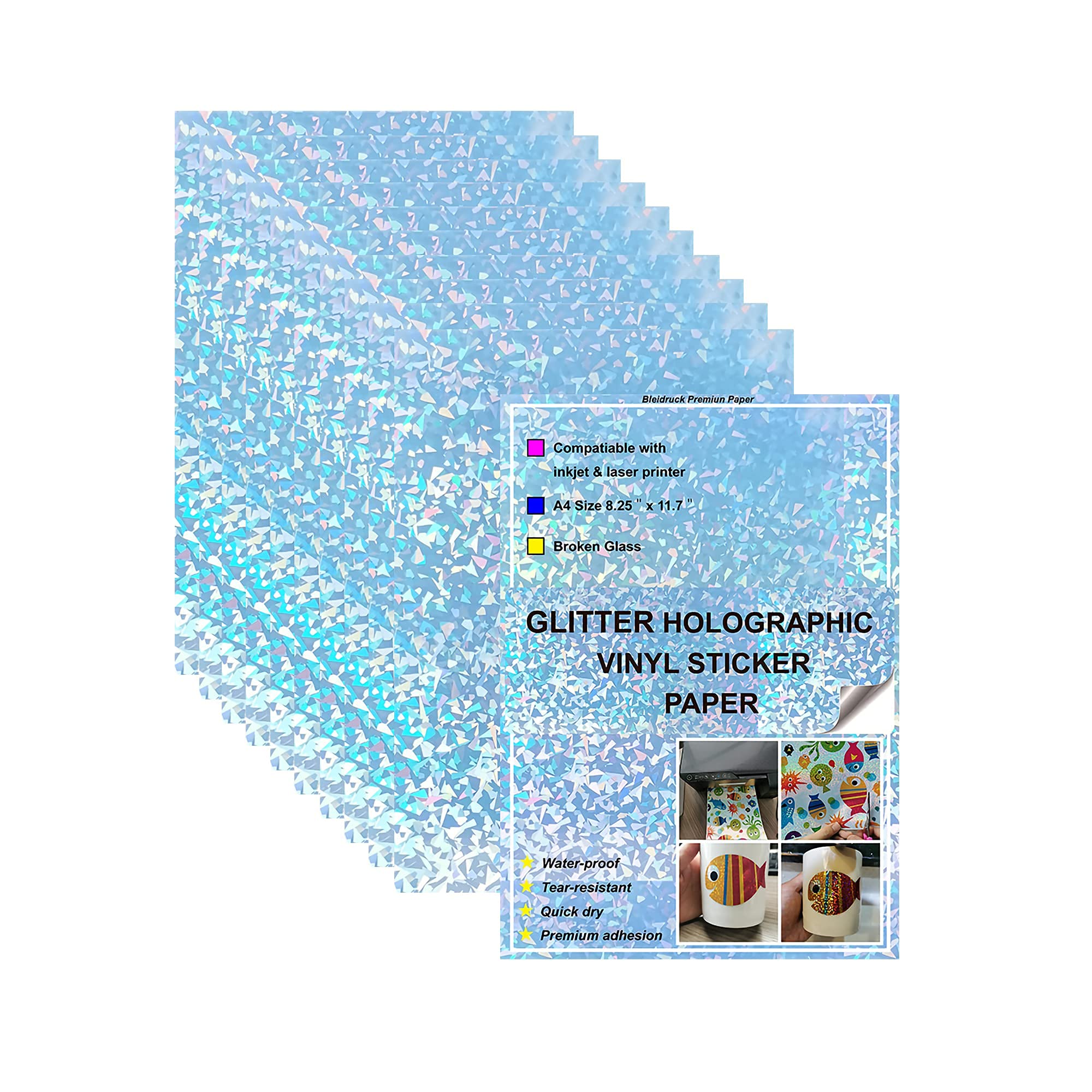 20 Sheets Holographic Sticker Paper 8.5 x 11 Inch - Waterproof Printable Vinyl Stickers for Inkjet/Laser Printer - DIY Rainbow Broken Glass Decals for Laptops, Water Bottles & Scrapbooking