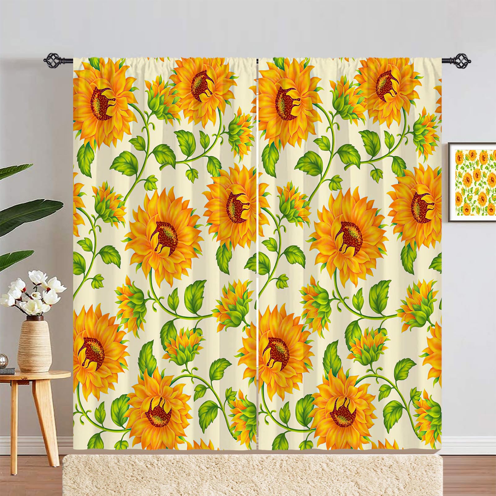 ANHOPE Sunflower Oil Painting Curtains - Yellow Floral Green Leaf Botanical Print Window Drapes, Rod Pocket Privacy Curtain Panels (42x84 Inch, Set of 2) for Bedroom, Living Room, Office & Cafe Decor | Perfect for Farmhouse, Boho & Vintage Style Home Decor
