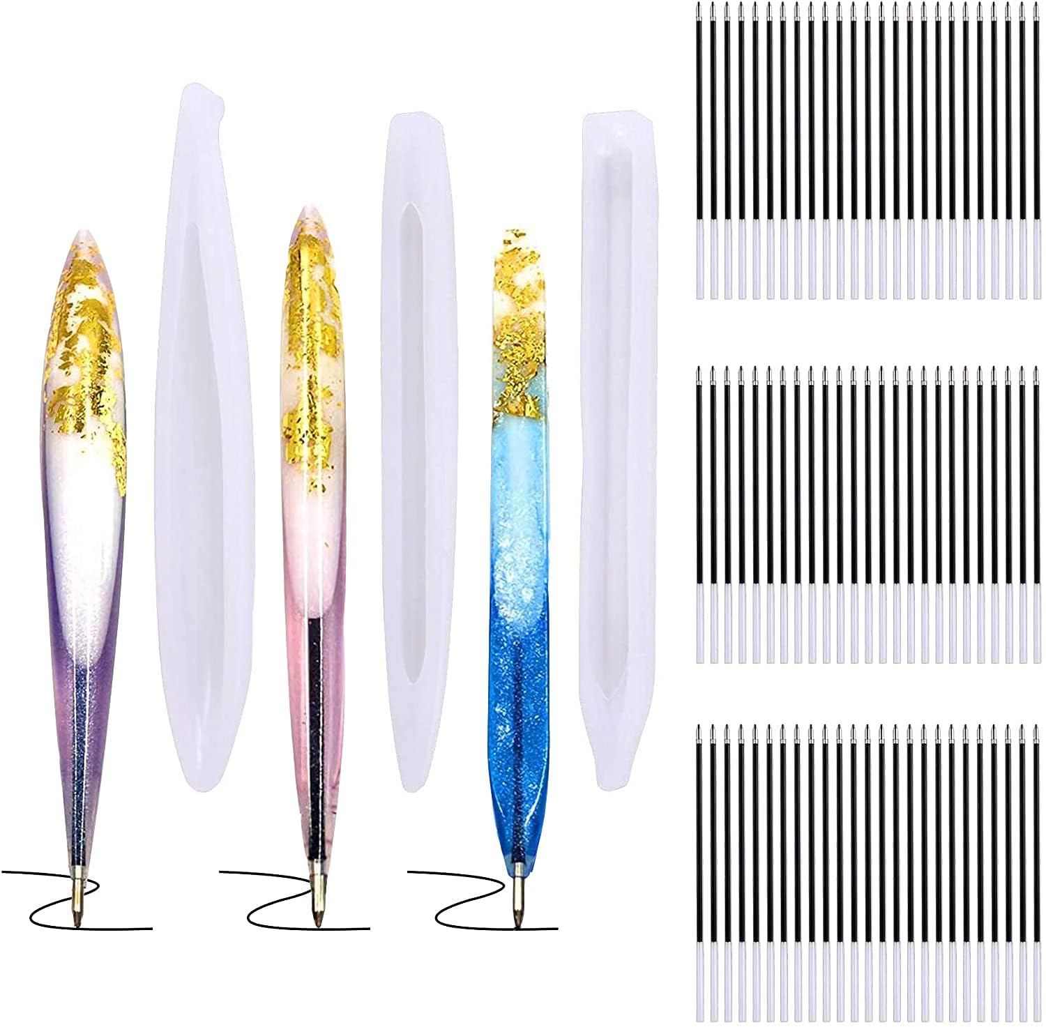 JANYUN 3-Piece Ballpoint Pen Silicone Molds for Resin Casting - DIY Epoxy Resin Craft Supplies with 75 Refill Pens (Black) - Perfect for Handmade Jewelry, Keychains & Unique Gift Making