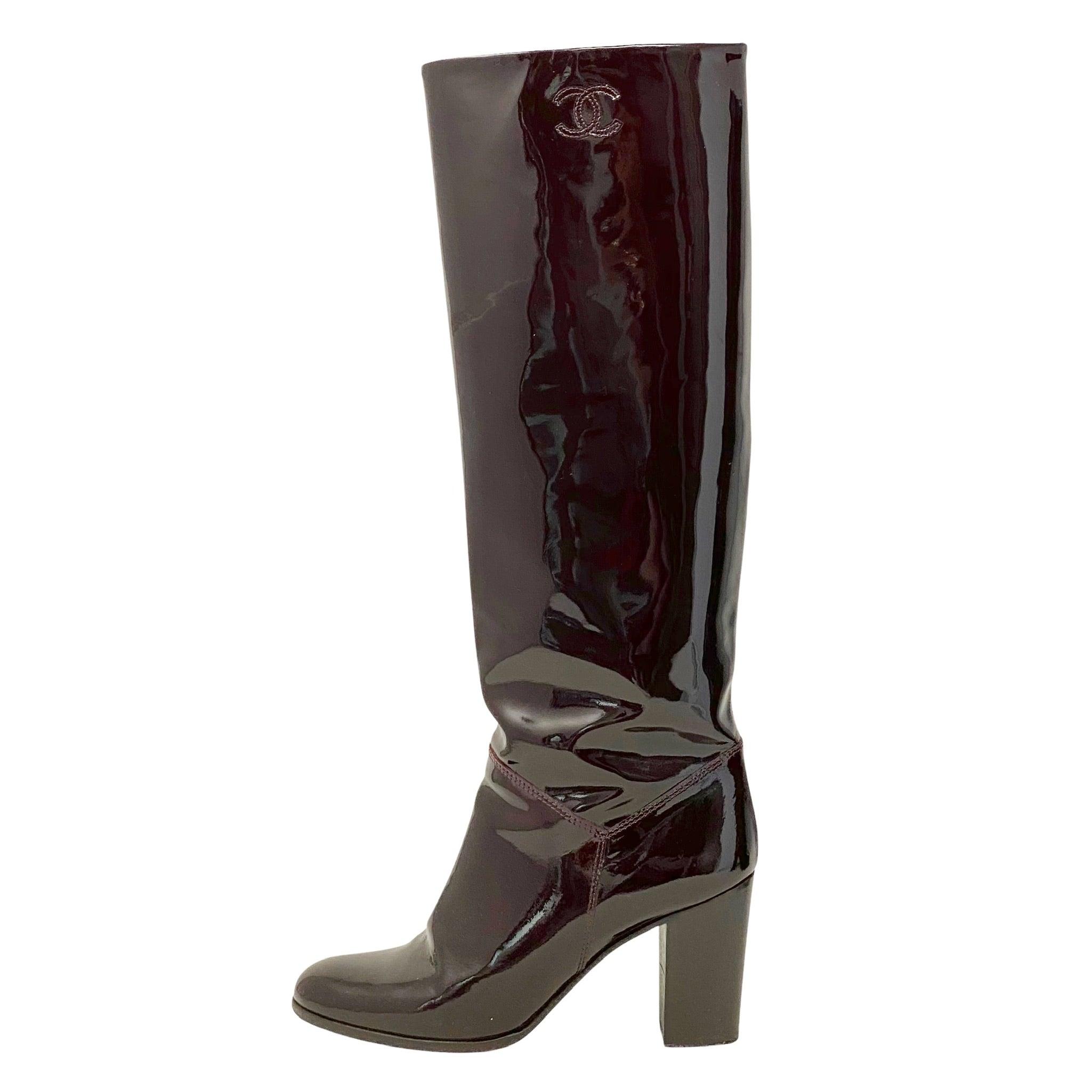 Chanel Burgundy Patent Leather Knee High Boots Size 37 - Luxury Fashion Boots for Women, Perfect for Fall & Winter Outfits, Parties & Special Occasions