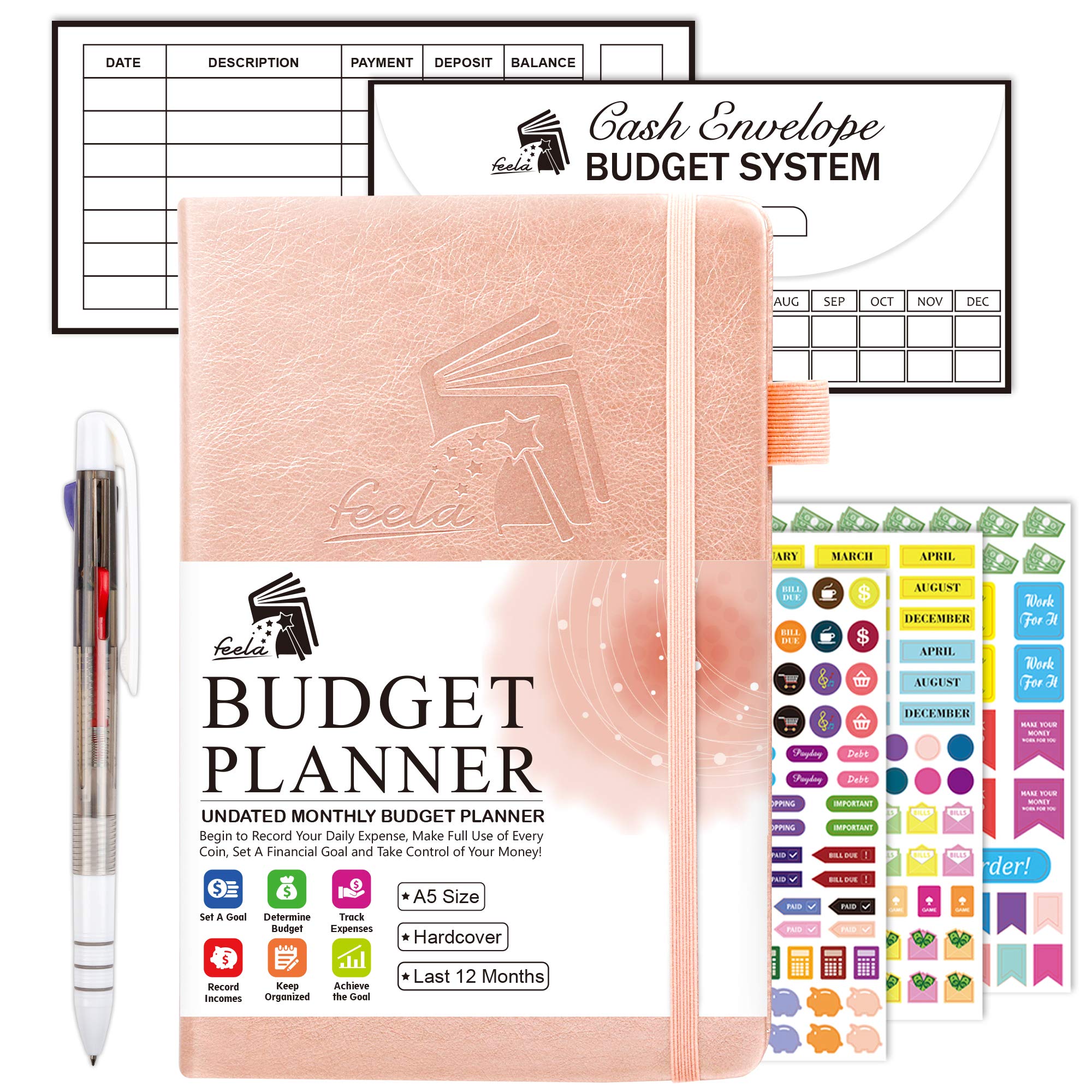 2025 Budget Planner - Undated Monthly Financial Organizer with Expense Tracker, Budget Envelopes & Stickers | A5 Hardcover Money Journal with Pen & User Manual | Perfect for Personal Finance, Bill Management & Savings Goals (Rose Gold)