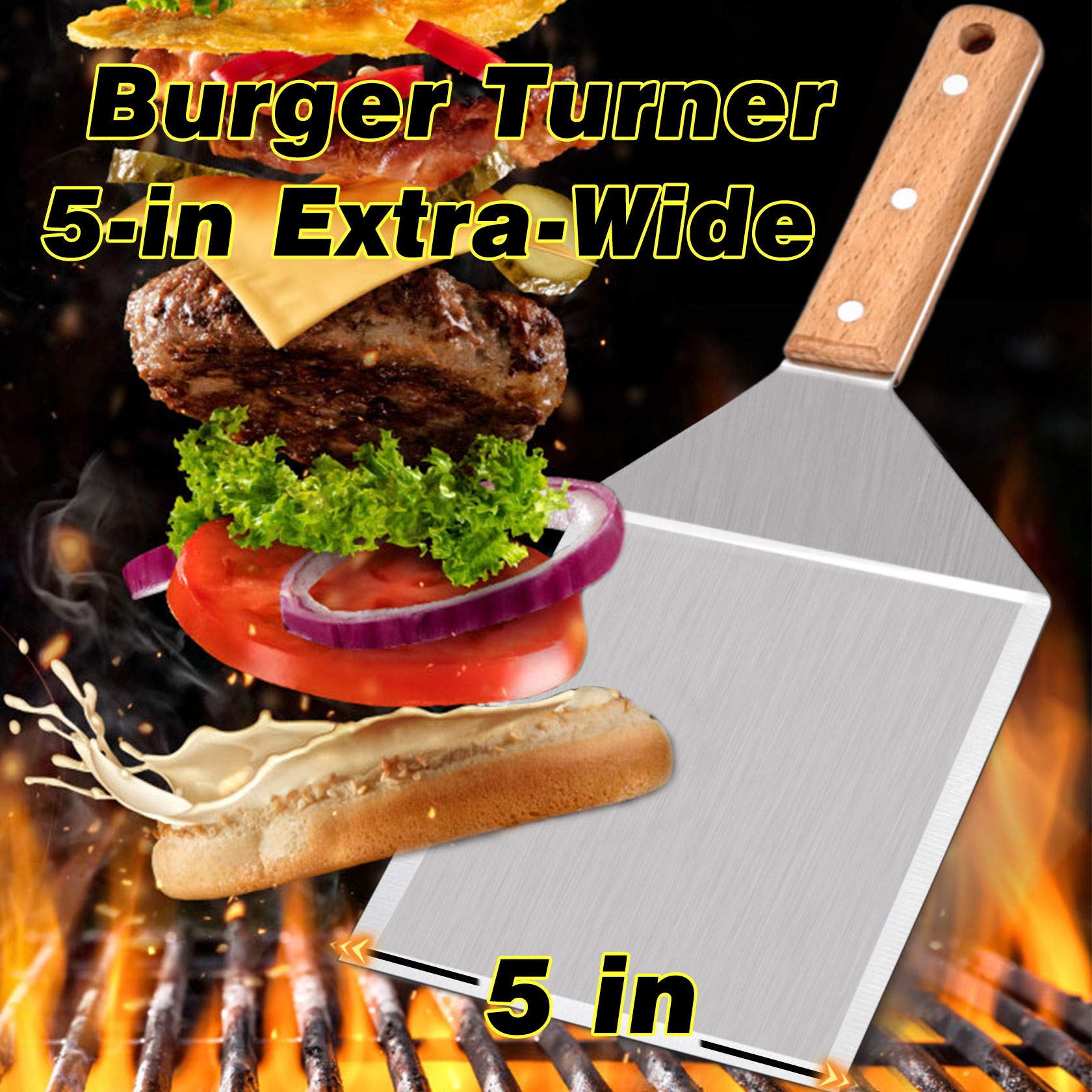14-Piece Stainless Steel Griddle Accessories Kit - BBQ Grill Tools Set with Extra Large Spatula, Scraper & Wood Handle for Flat Top Grill, Teppanyaki, Outdoor Cooking & Backyard Barbecue