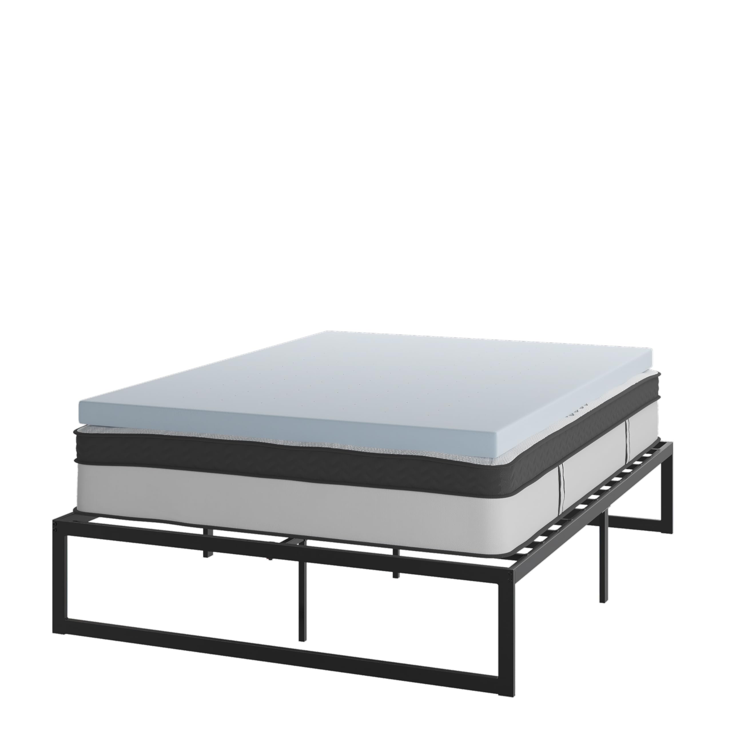 Flash Furniture 14 Inch Metal Platform Bed Frame with 12 Inch Pocket Spring Mattress & 3 Inch Cooling Gel Memory Foam Topper - Queen Size, Easy Assembly, Sturdy Support for Bedroom, Guest Room, Dorm