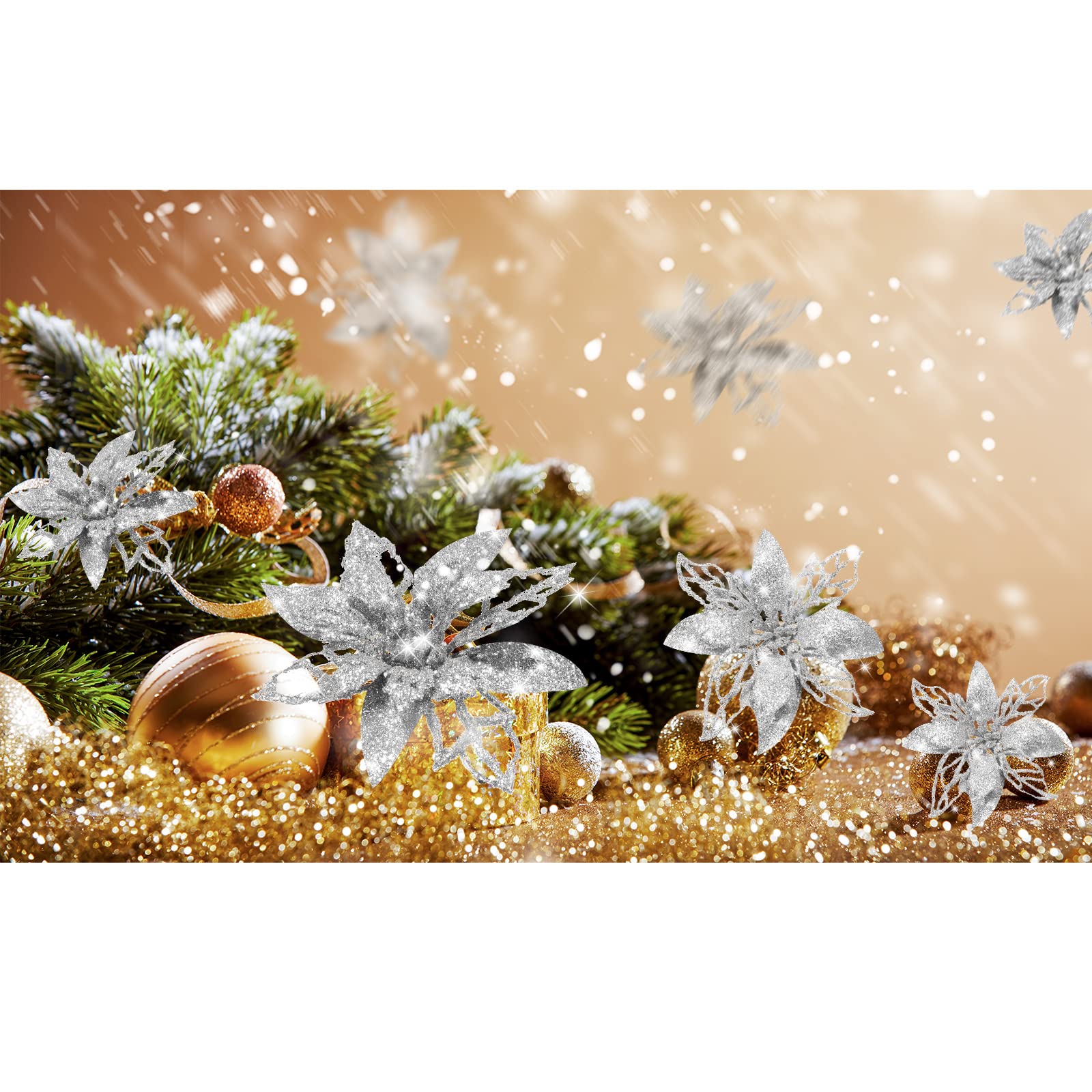 24-Piece Silver Glitter Artificial Poinsettia Flowers - Christmas Tree Decorations, Wedding Centerpieces, Holiday Party & New Year Home Decor