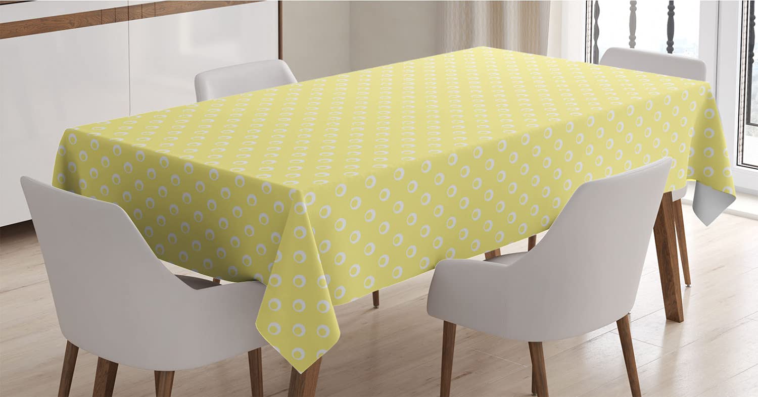 Ambesonne Yellow Polka Dot Tablecloth - Stylish Rectangle Satin Table Cover with Energetic Round Motif Design, 60x90 Inches, Pastel Yellow & White - Perfect for Dining Room, Kitchen, and Party Decorations