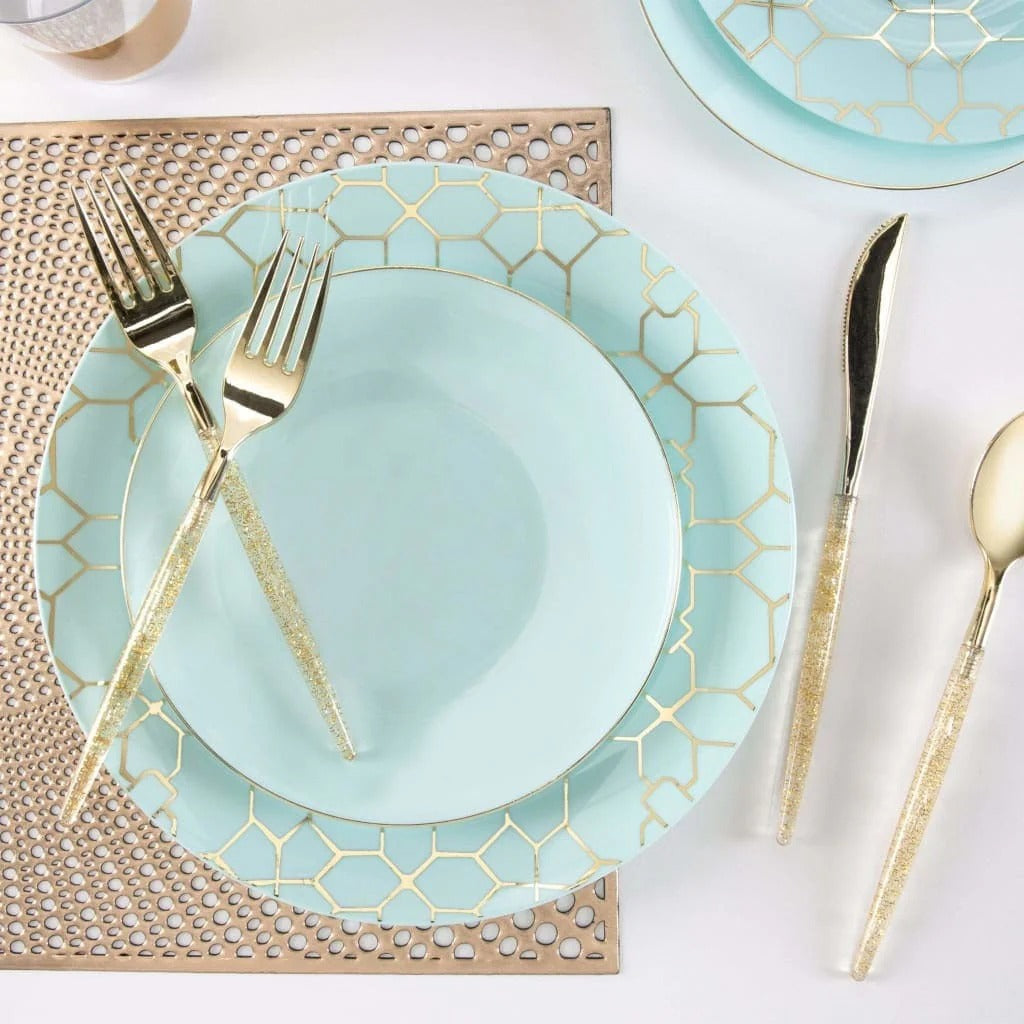Eco-Friendly Round Plastic Plates with Mint Green & Gold Rim - Perfect for Parties, Picnics & Sustainable Dining