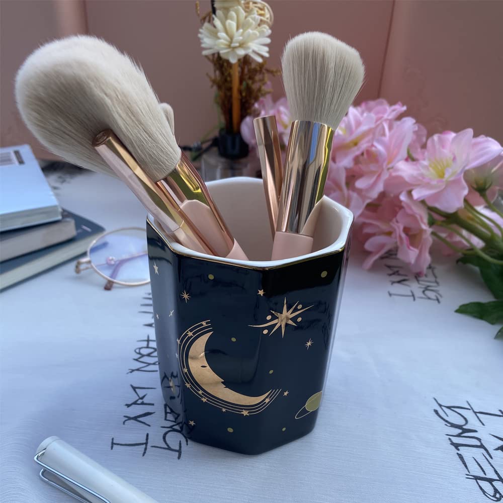 Ceramic Pen Holder for Desk - Moon Pattern Pencil Stand & Makeup Brush Organizer | Stylish Black Desk Accessory for Office, Home & Vanity