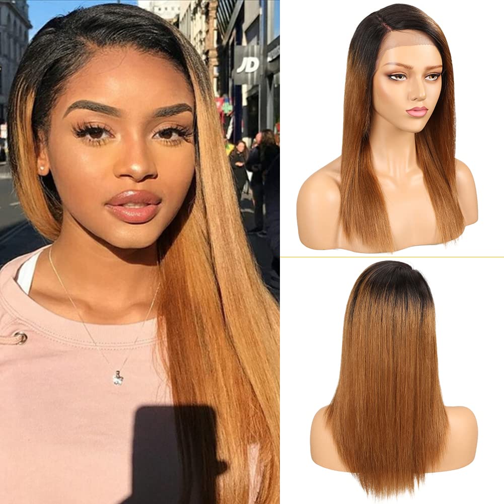Ombre Brown Straight Lace Front Wigs 16 Inch - 150% Density 9A Brazilian Virgin Human Hair with Baby Hair for Black Women | Silky Smooth Remy Hair Wig in TT1B/30 Color | Perfect for Daily Wear, Parties, Weddings & Special Occasions