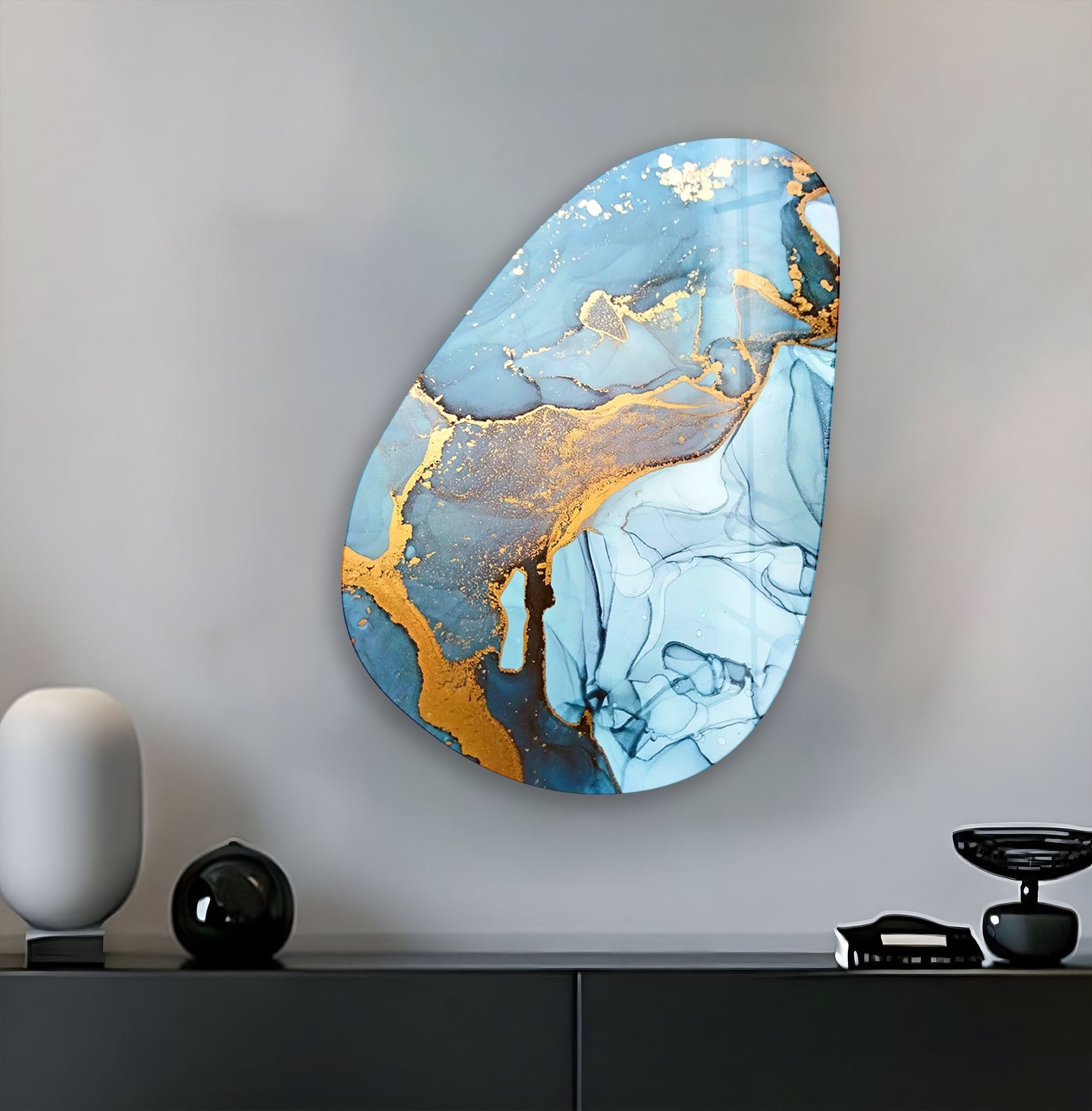 Abstract Blue & Gold Glass Wall Art - Modern Asymmetrical Oval Design for Living Room, Bedroom & Office Decor