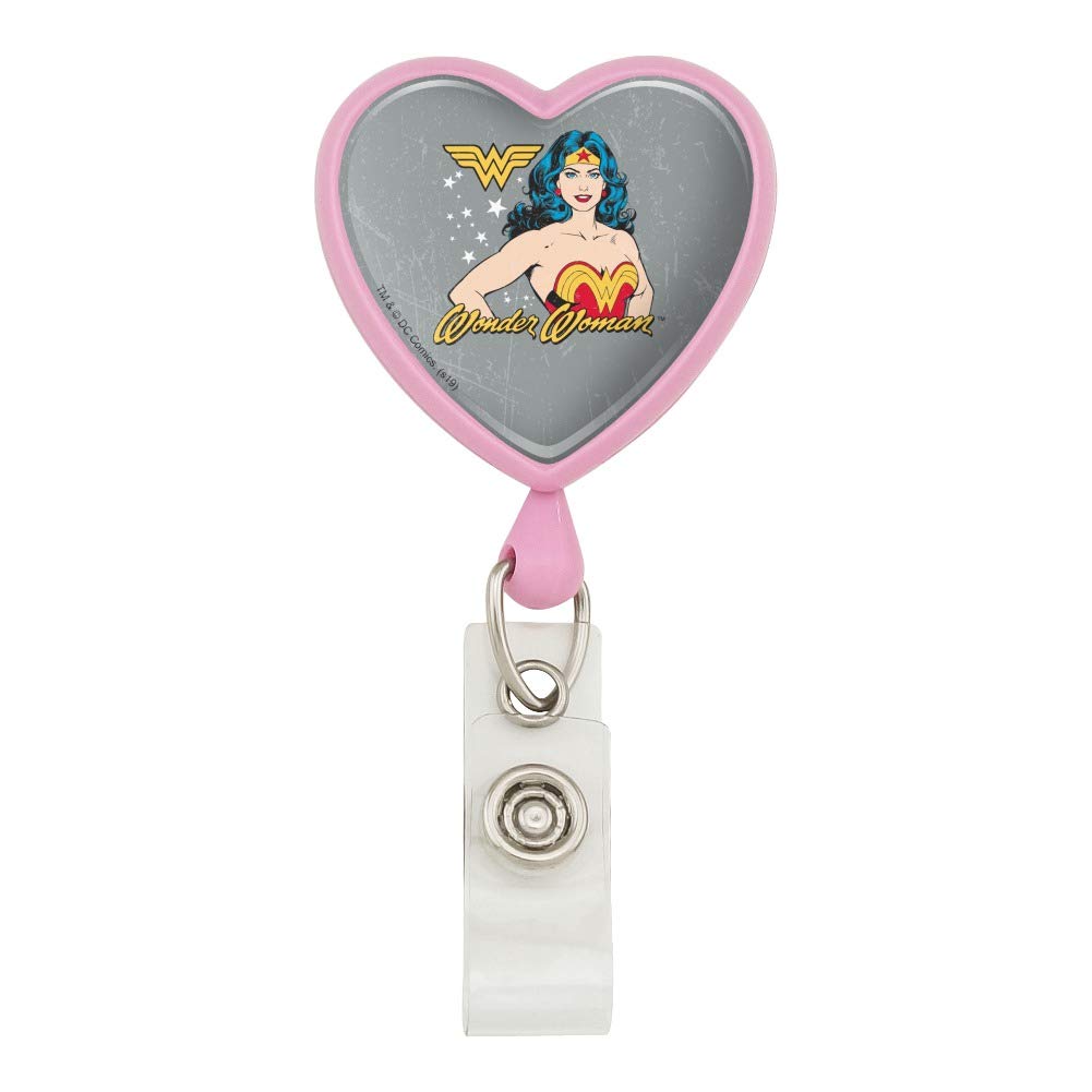 Wonder Woman Vintage Icon Heart Lanyard Retractable Reel Badge ID Card Holder - Superhero Themed Accessory for Work, Events & Comic Conventions