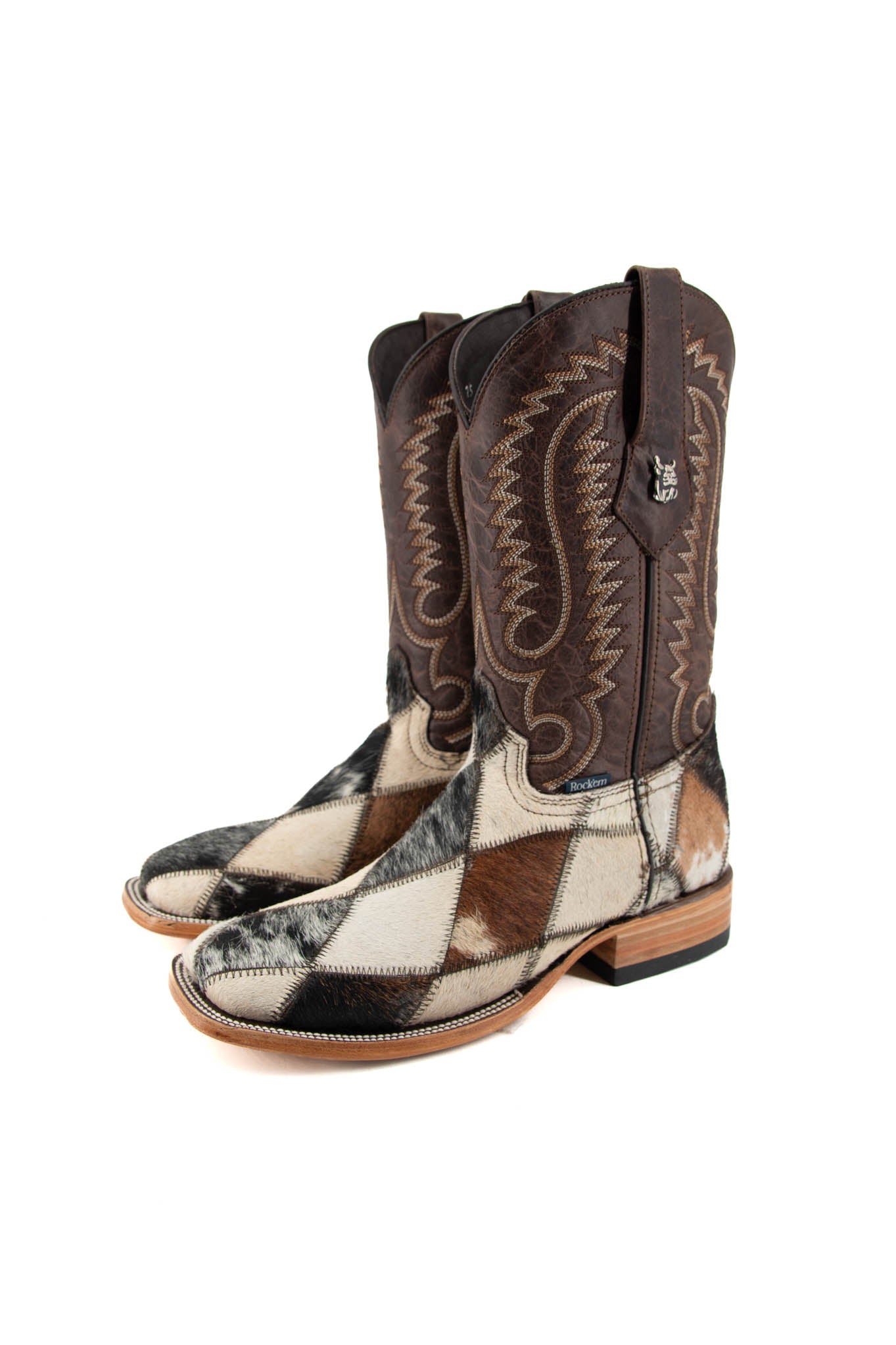 **Men's Genuine Cowhide Patchwork Square Toe Cowboy Boots - Size 6 (1M) - Western Style, Comfortable & Durable for Rodeo, Country Dance & Outdoor Adventures**