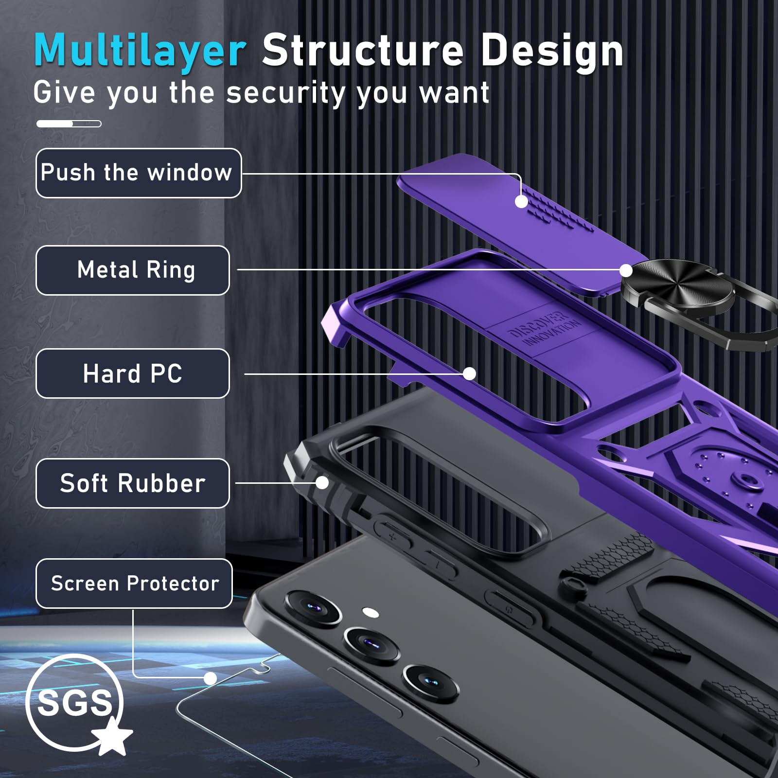 Janmitta Heavy Duty Shockproof Full Body Phone Case for Samsung Galaxy S25 Plus/S24 Plus - Built-in Slide Camera Lens Cover, Screen Protector & Finger Ring Holder Kickstand - Purple | Perfect for Outdoor Activities, Travel & Daily Protection