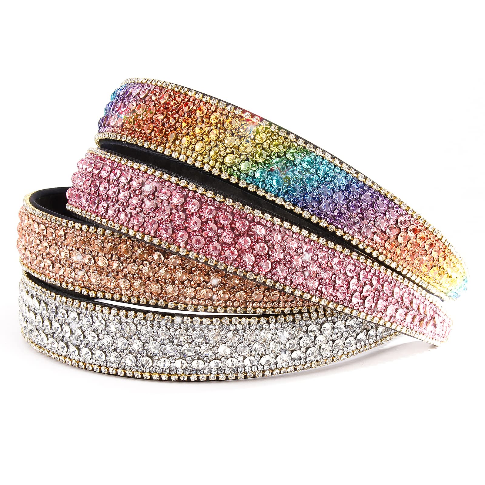 Wecoe 4 Pack Rhinestone Headbands for Women & Girls - Sparkly Diamond Flower Hair Accessories Set in Pink, Coffee, Silver & Rainbow | Perfect for Homecoming, Birthday Gifts, Weddings & Special Occasions