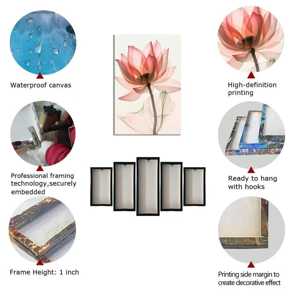 Wall HDQ Pink Lotus Canvas Art - Elegant Blooming Floral Painting, Framed Modern Print for Bathroom, Living Room, Bedroom, Office & Spa Decor - Ready to Hang