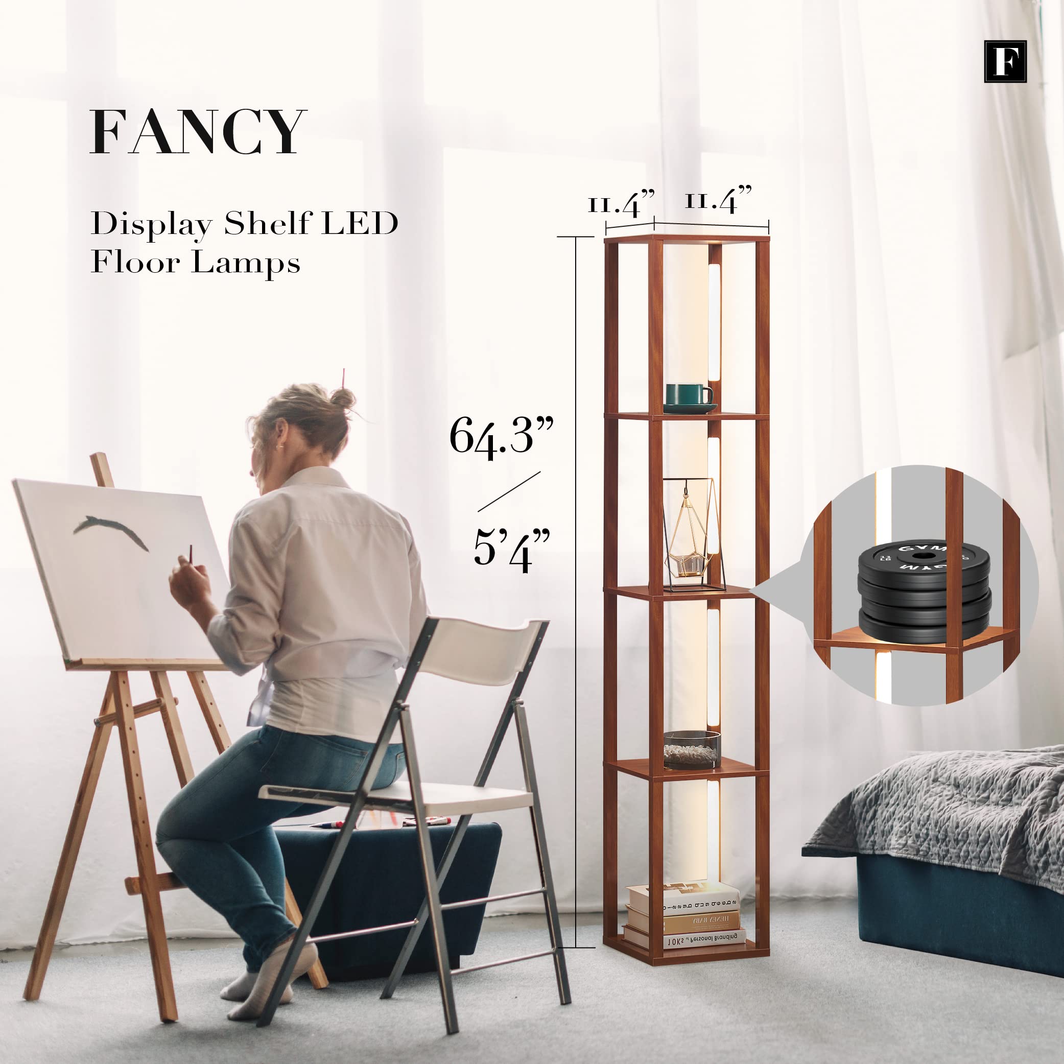 FENLO LED Display Shelf with Dimmable Lights - Modern Corner Shelf Floor Lamp with Shelves for Living Room, Bedroom & Office - Sturdy Curio Cabinet for Home Decor, Books & Collectibles