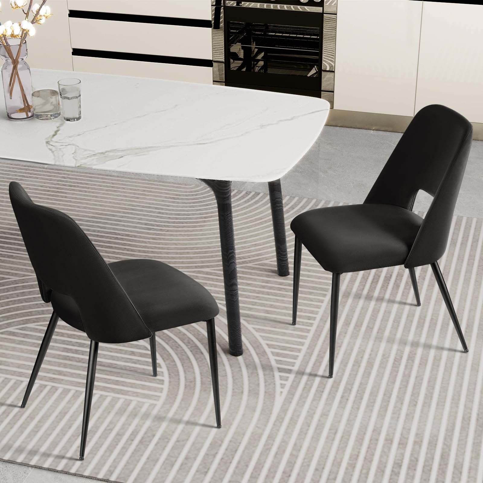 Modern Velvet Dining Chairs Set of 2 - Thick Cushioned Kitchen & Dining Room Chairs with Sturdy Metal Legs - Elegant Black Upholstered Seating for Home, Restaurant or Office Use