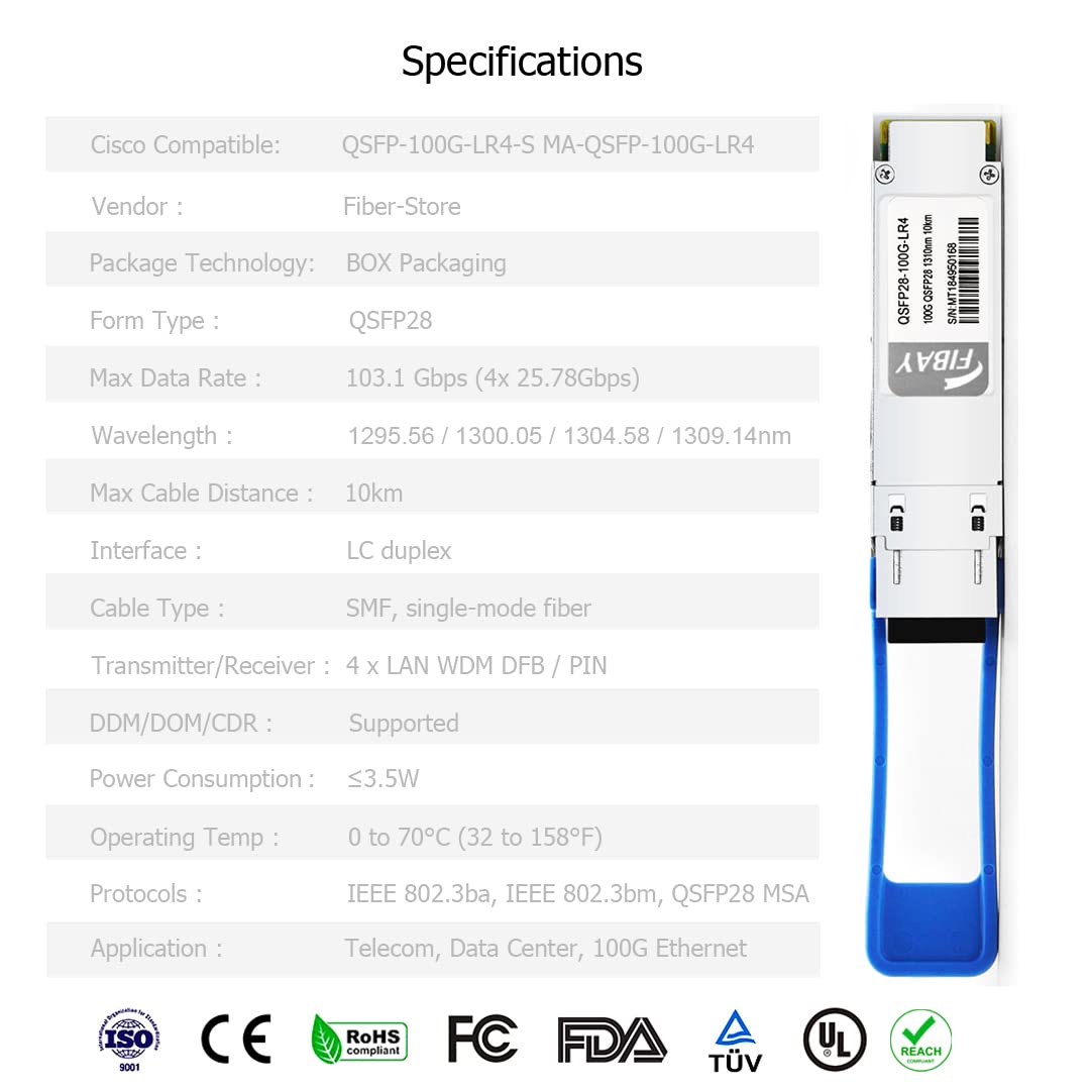 100G QSFP28 LR4 Optical Transceiver Module - 100GBASE-LR4 Compatible with Cisco QSFP-100G-LR4-S & Meraki MA-QSFP-100G-LR4 - 1310nm 10km DDM Duplex LC SMF - Ideal for Data Centers & High-Speed Networking