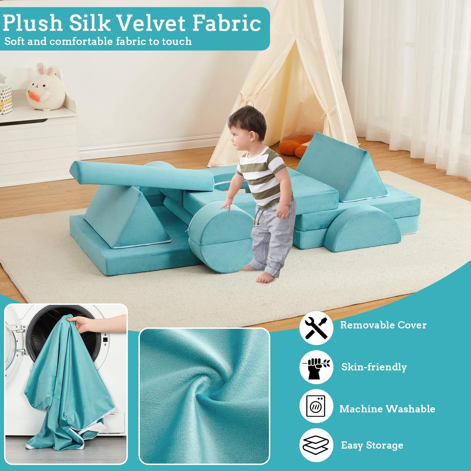 GARVEE 15Pcs Modular Kids Play Couch - Convertible Foam Sofa for Toddlers & Children | Creative Playroom Furniture for Boys & Girls in Teal | Perfect for Indoor Play, Reading Nook & Imaginative Playtime