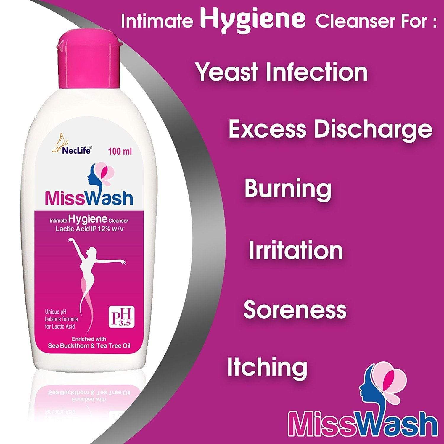 MissWash Expert Intimate Hygiene Wash 100ml (Pack of 3) | pH Balanced Feminine Wash for Daily Care | Gentle Cleansing for Sensitive Skin | Perfect for Travel & Gym
