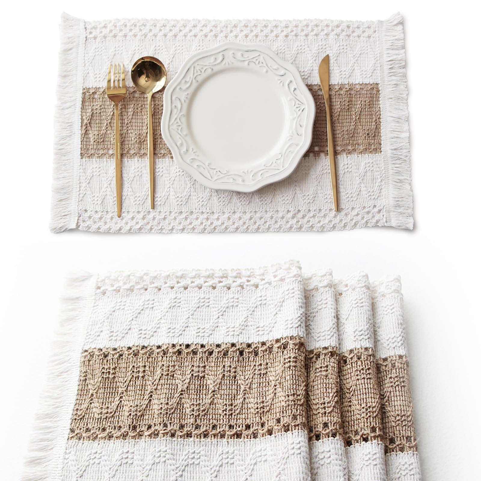 FEXIA Boho Placemats Set of 4 - Macrame Cotton Burlap Table Mats for Christmas, Fall & Thanksgiving Decor | Farmhouse Style Dining Table Centerpiece | Perfect for Holiday Gatherings & Home Decor