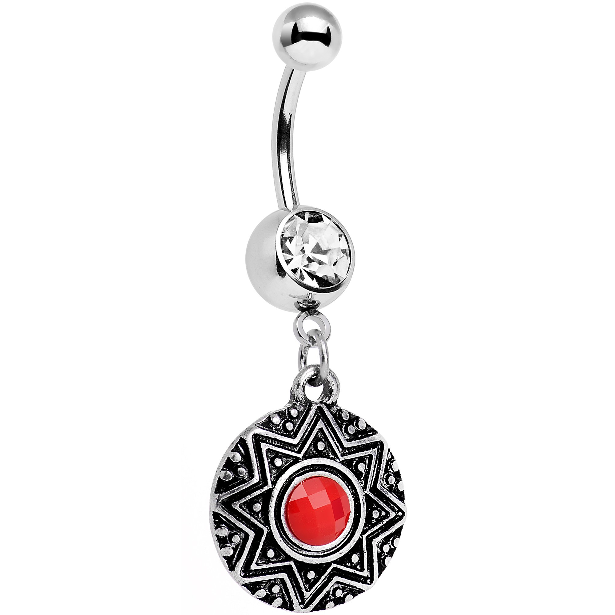 Stainless Steel Belly Ring with Clear Red Accent Disc - Dangle Navel Piercing Jewelry for Women - Perfect for Parties, Beach & Everyday Wear