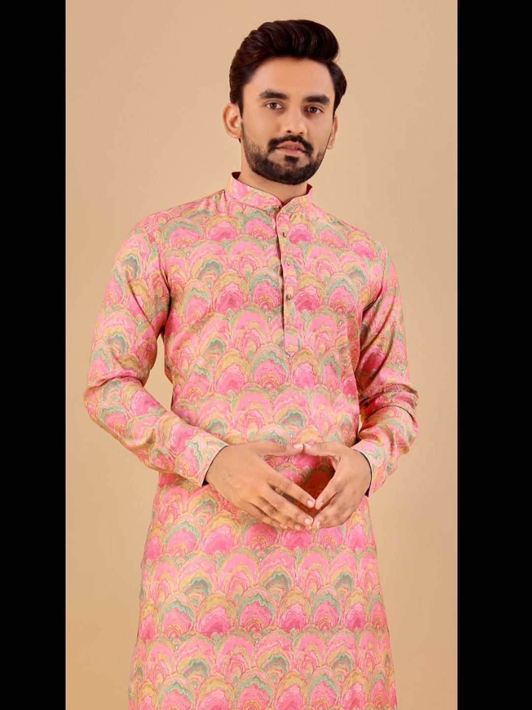 Men's Traditional Baby Pink Kurta Pajama Set with Foil Print - Ready to Wear Indian Ethnic Outfit for Weddings & Festivals