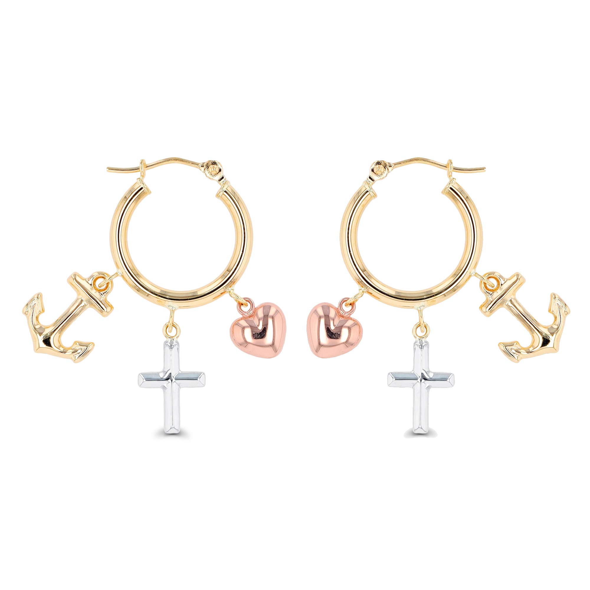 14K Solid Gold Dangling Anchor Cross Heart Hoop Earrings for Women | Hypoallergenic Sensitive Ears | 2.50x28mm Lightweight Hoops | Perfect for Everyday Wear, Gifts & Special Occasions