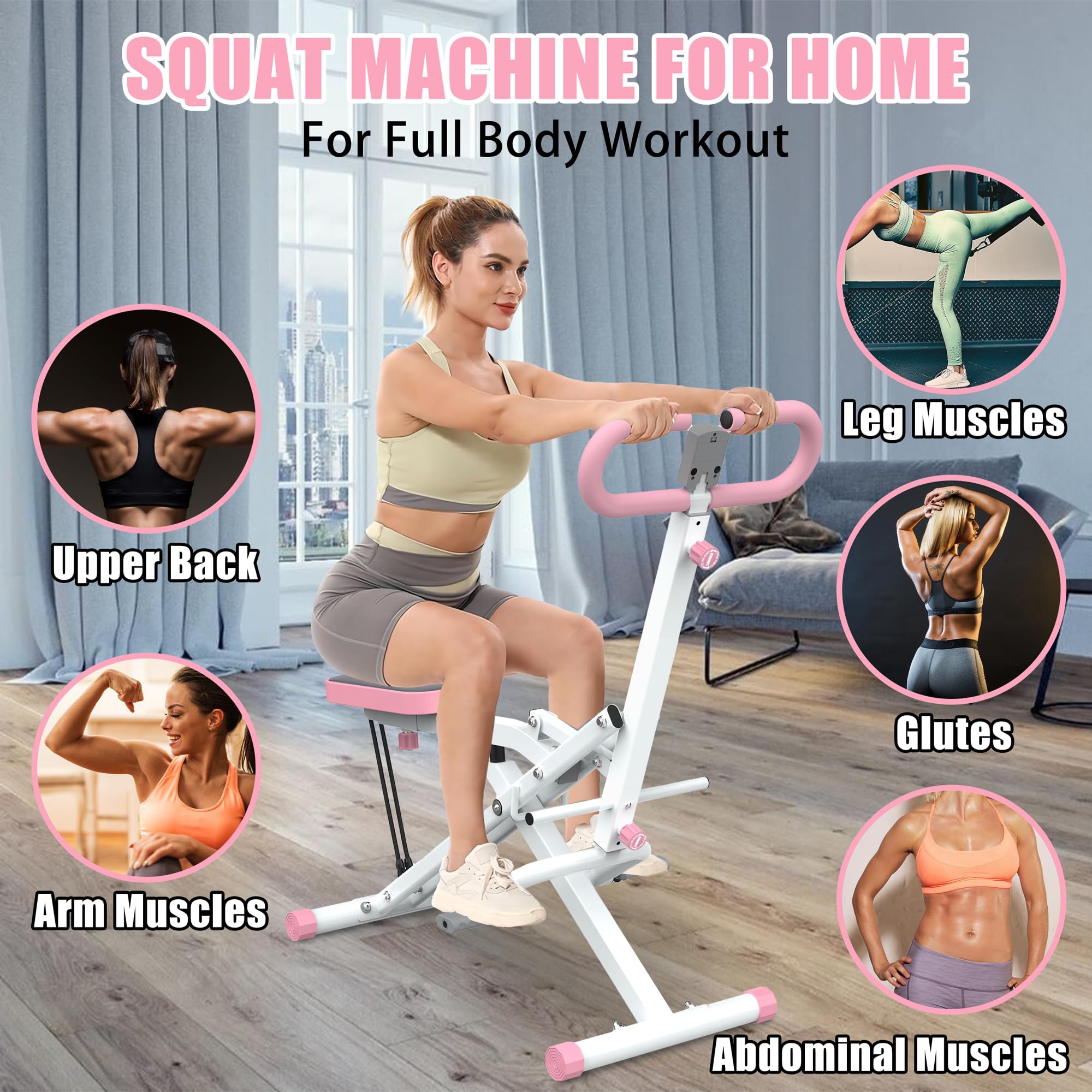 Foldable Adjustable Squat Machine for Home - Squat Ride & Rowing Exercise Equipment with Resistance Bands - Glute & Leg Cardio Workout for Small Spaces - Perfect for Home Gym, Apartment Fitness & Full-Body Training