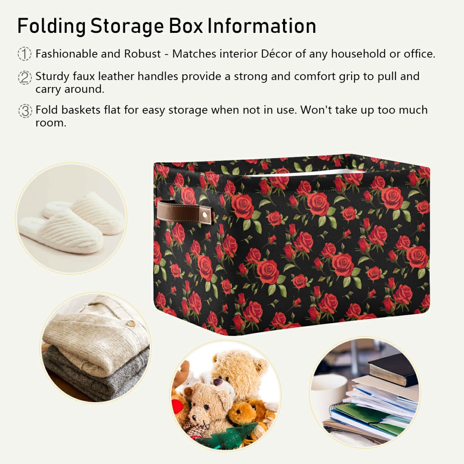 Red Rose Canvas Storage Basket - Large Collapsible Cube Organizer Bin for Home, Office & Closet (15