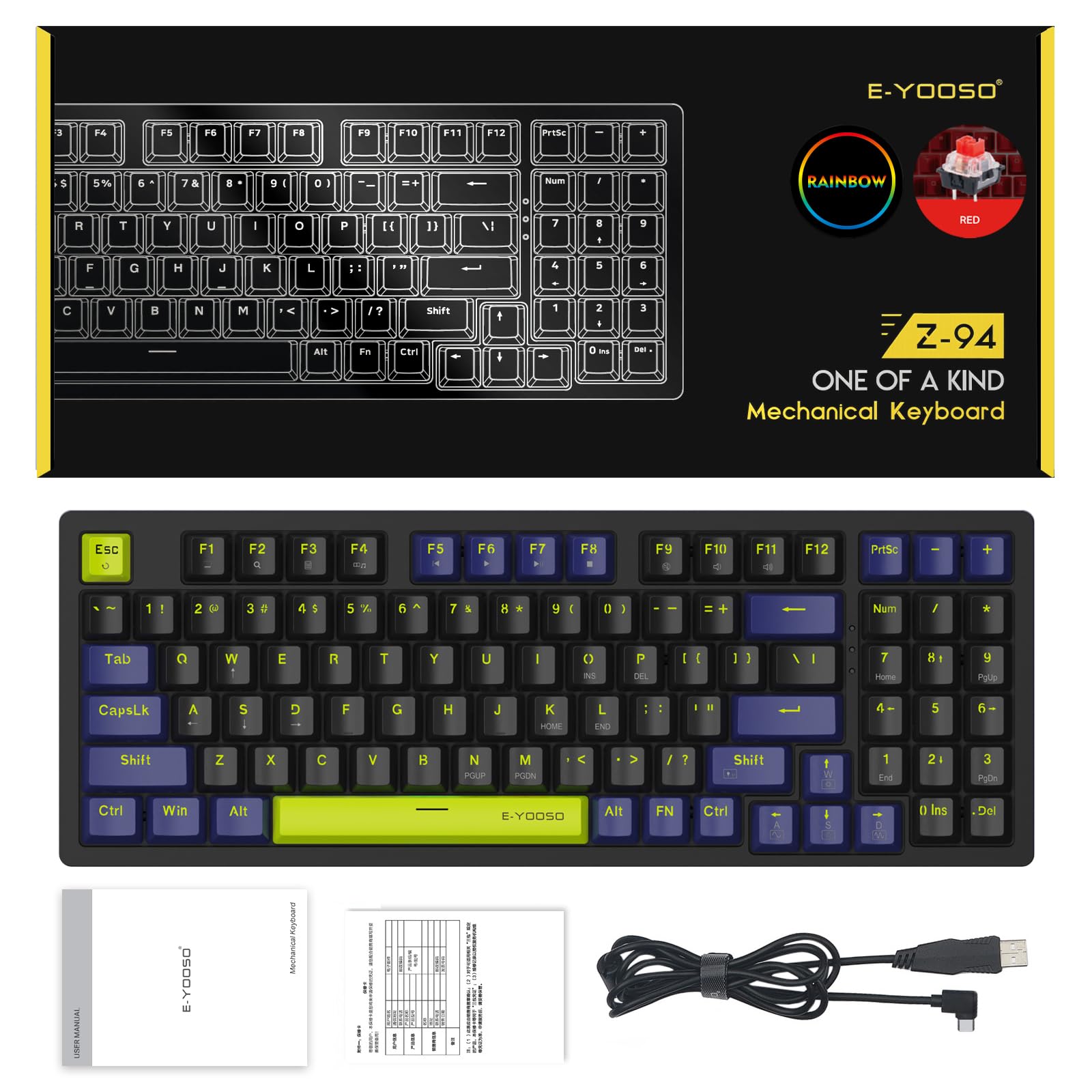 E-YOOSO Z-94 Mechanical Gaming Keyboard with Rainbow Backlit - 94 Key Compact Keyboard for PC, Mac, Laptop - Red Switches for Fast Typing & Gaming - Perfect for Office Work, Esports & Streaming