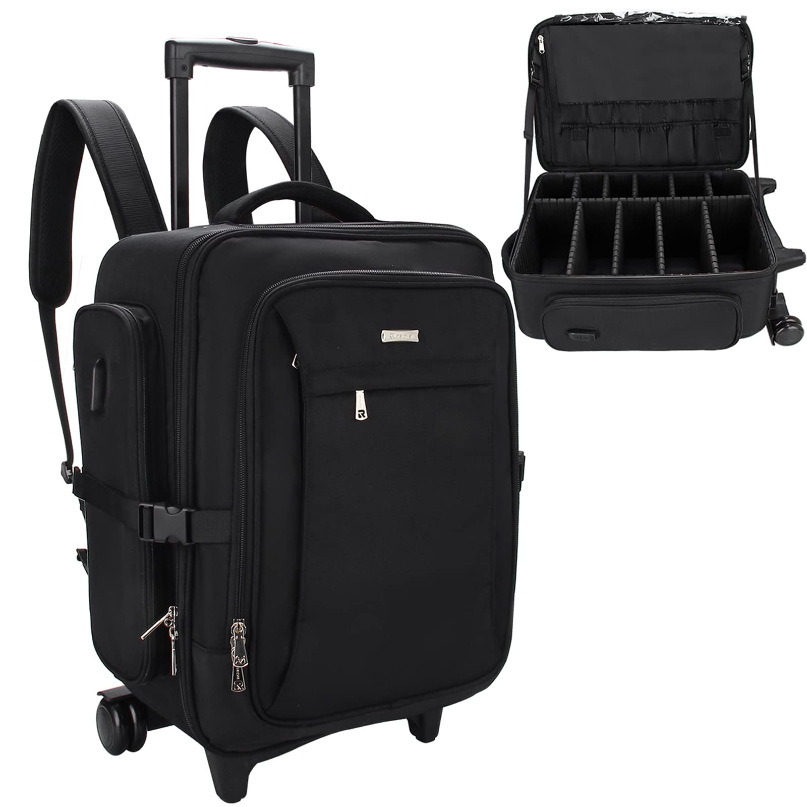 Relavel Professional Rolling Makeup Case - Extra Large Cosmetic Organizer with Adjustable Dividers & Waterproof Lining | Perfect for Makeup Artists, Travel & Salon Storage (Black)