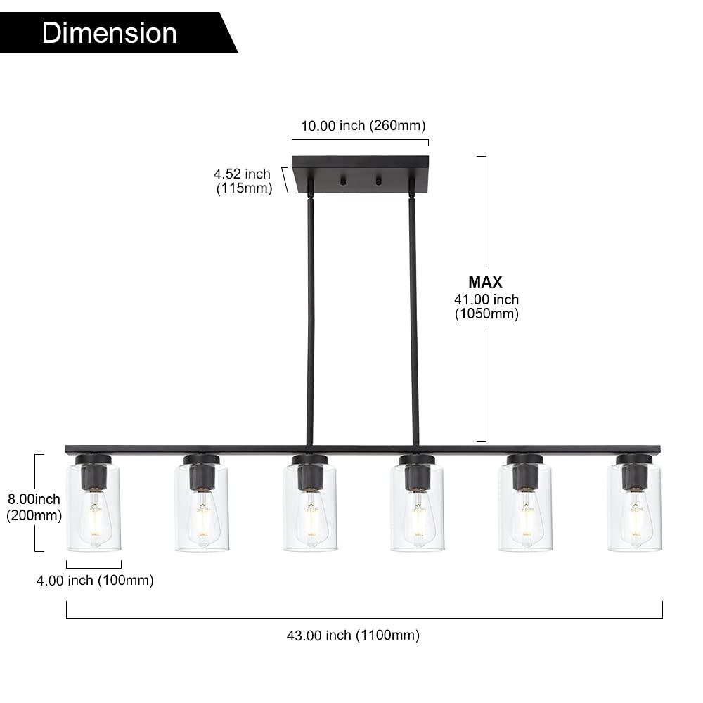 Black 6-Lights Kitchen Island Pendant Lighting with Clear Glass Shades - Farmhouse Style Hanging Light Fixture for Dining Room, Living Room & Kitchen Island - Perfect for Rustic Home Decor and Modern Farmhouse Interiors