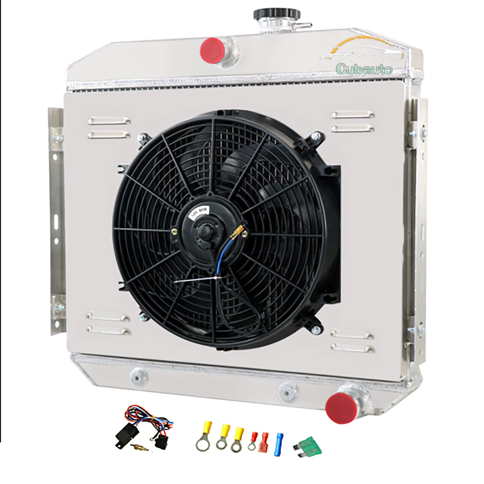 4 Row Aluminum Radiator for 1955-1957 Chevy Bel Air, One-Fifty, Two-Ten, Sedan Delivery, Del Ray & Nomad V8 - High Performance Cooling System with Shroud & Fan Relay - Perfect for Classic Car Restoration & Hot Rod Upgrades