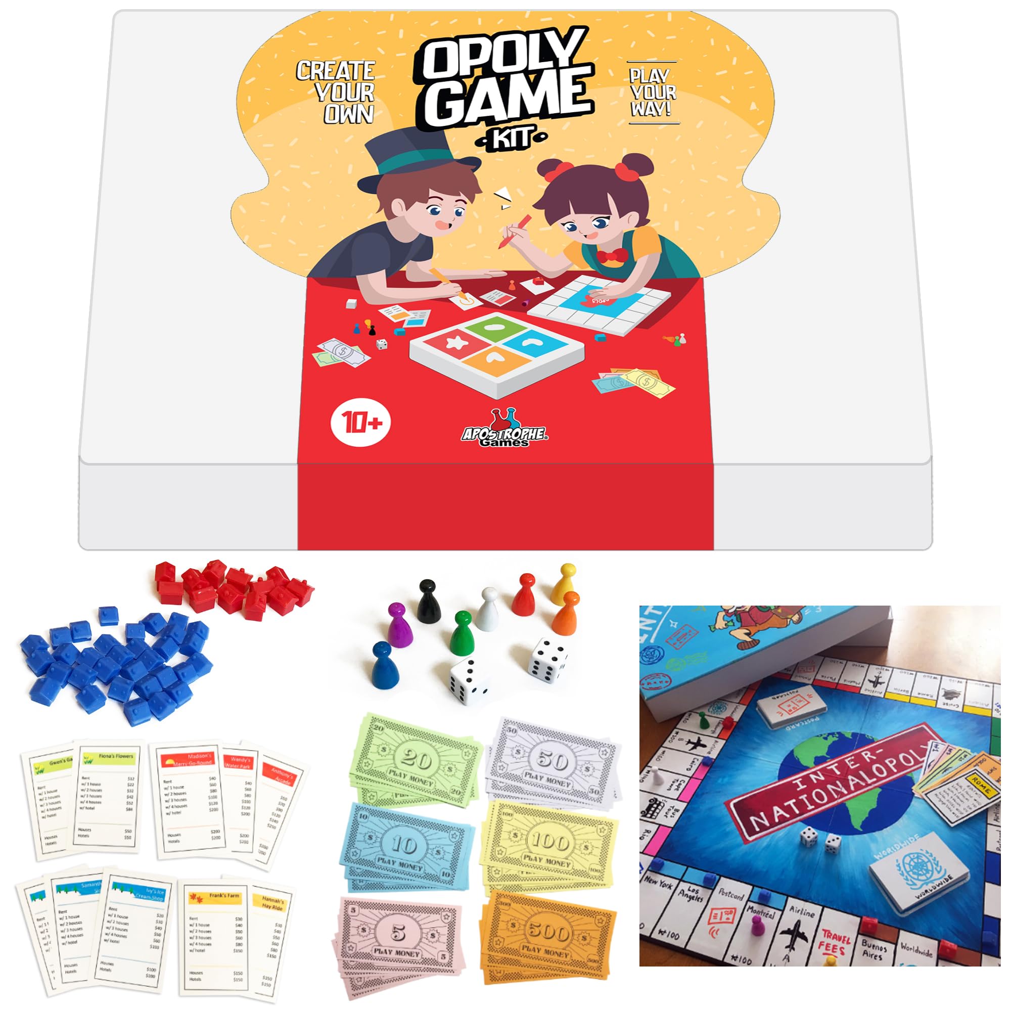 Customizable Blank Opoly Board Game Set - DIY Board Game Kit with Blank Cards, Property Cards & Accessories - Perfect for Family Game Nights, Creative Projects & Educational Activities