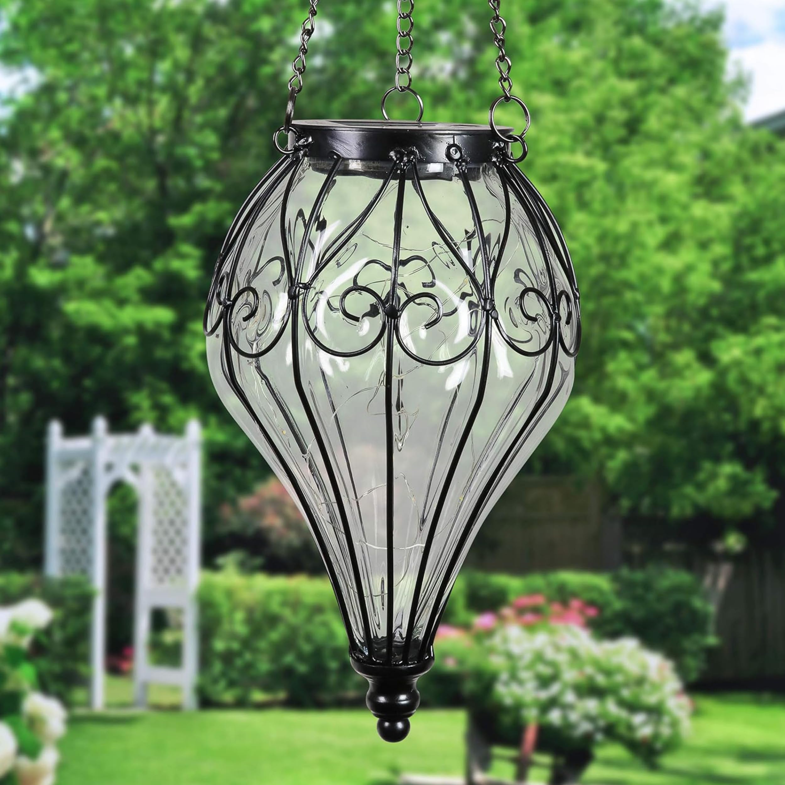 Exhart Solar Garden Lights - 15 LED Firefly Hanging Lanterns, Tear Shaped Outdoor Decor with Clear Glass & Metal, 6.5x6.5x23.5 Inch - Perfect for Patio, Backyard, Pathway & Wedding Decorations