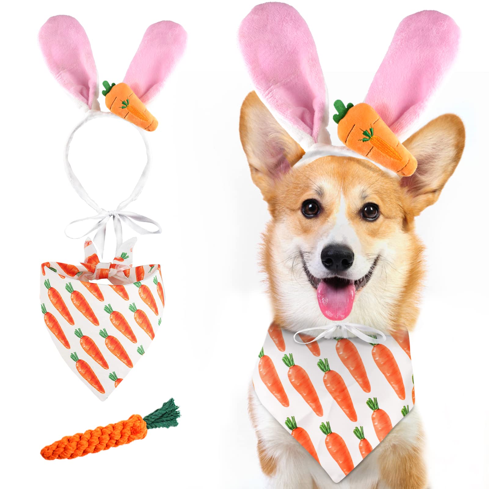 Easter Dog Bandana with Bunny Ears - Premium Washable Fabric Dog Bib & Durable Carrot Chew Toy for Small Medium Large Dogs | Perfect for Easter Photos, Pet Costume Parties & Spring Celebrations